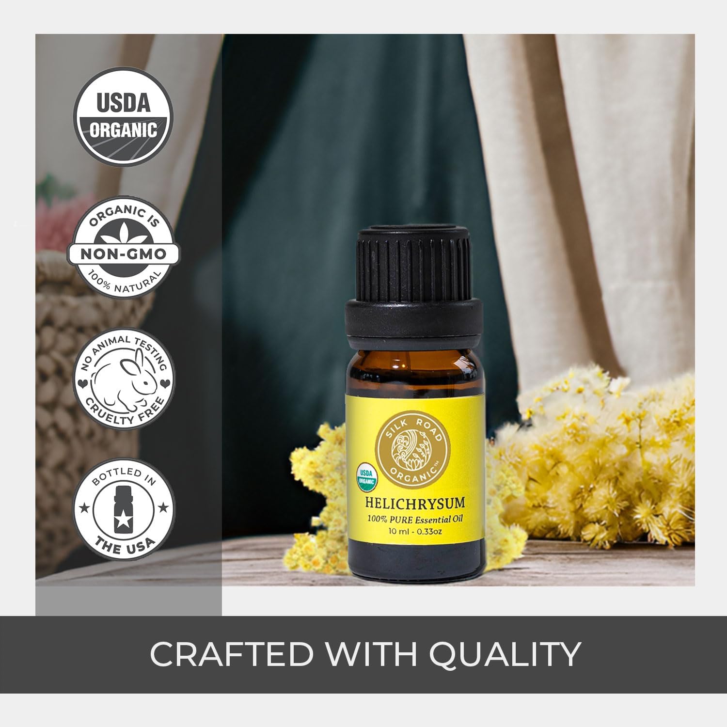 Silk Road Organic Helichrysum Italicum Essential Oil for Skin Care, Wrinkles, Scars, Bruises – 10ml Undiluted Euro Dropper, USDA Certified Immortelle Oil - Always Pure, Always Organic