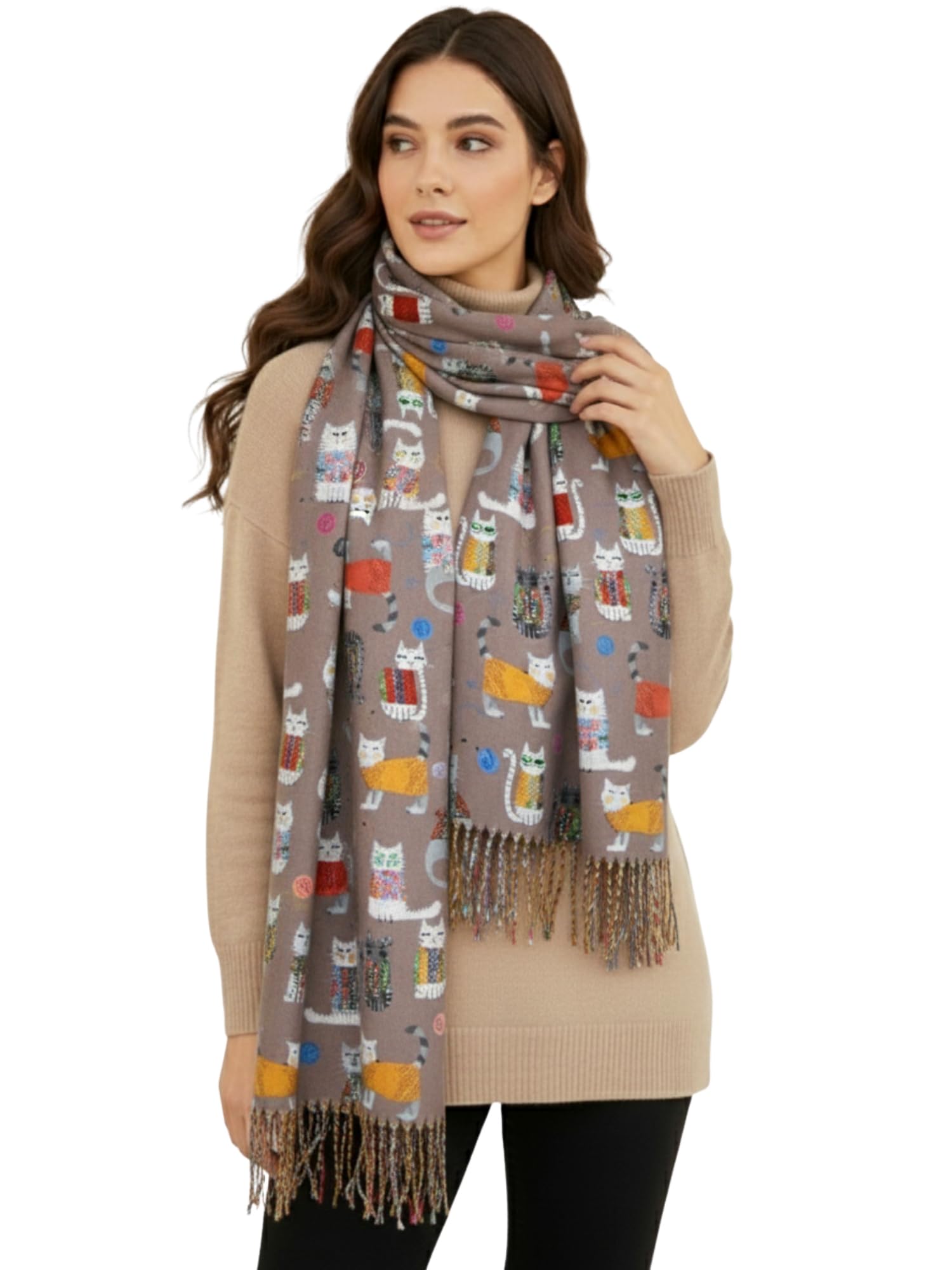 The Accessory Co. Women's Beige Cats Fun Cat Scarf, Cat Gift For Cat Lover - Scarf Lightweight Shawl Wrap, Pashmina Scarves For Spring Summer Winter - Gift For Her, Birthday, Mothers Day (Beige Cats)