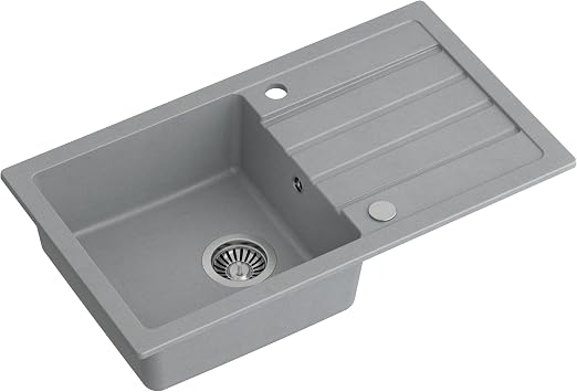 VBChome Sink with Tap 77 x 44 cm Grey Sink Single Sink Kitchen Built-in Sink Composite Sink Kitchen Sink Speckled Flush-Mounted Siphon Sink Mixer Tap with Flexible Spout