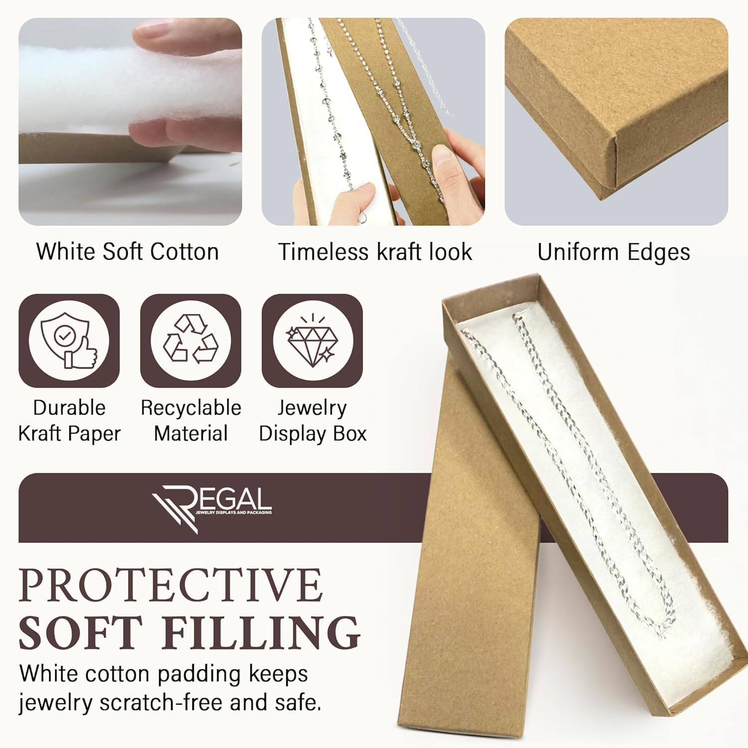 RJ Displays 10 Pack Bracelet Jewelry Boxes, Brown Kraft Cotton Filled Gift Box with Lid – Small Jewelry Gift Box for Necklace, Watch, Bracelet Display Packaging Boxes – 8" x 2" x 1" Inch - Image 3