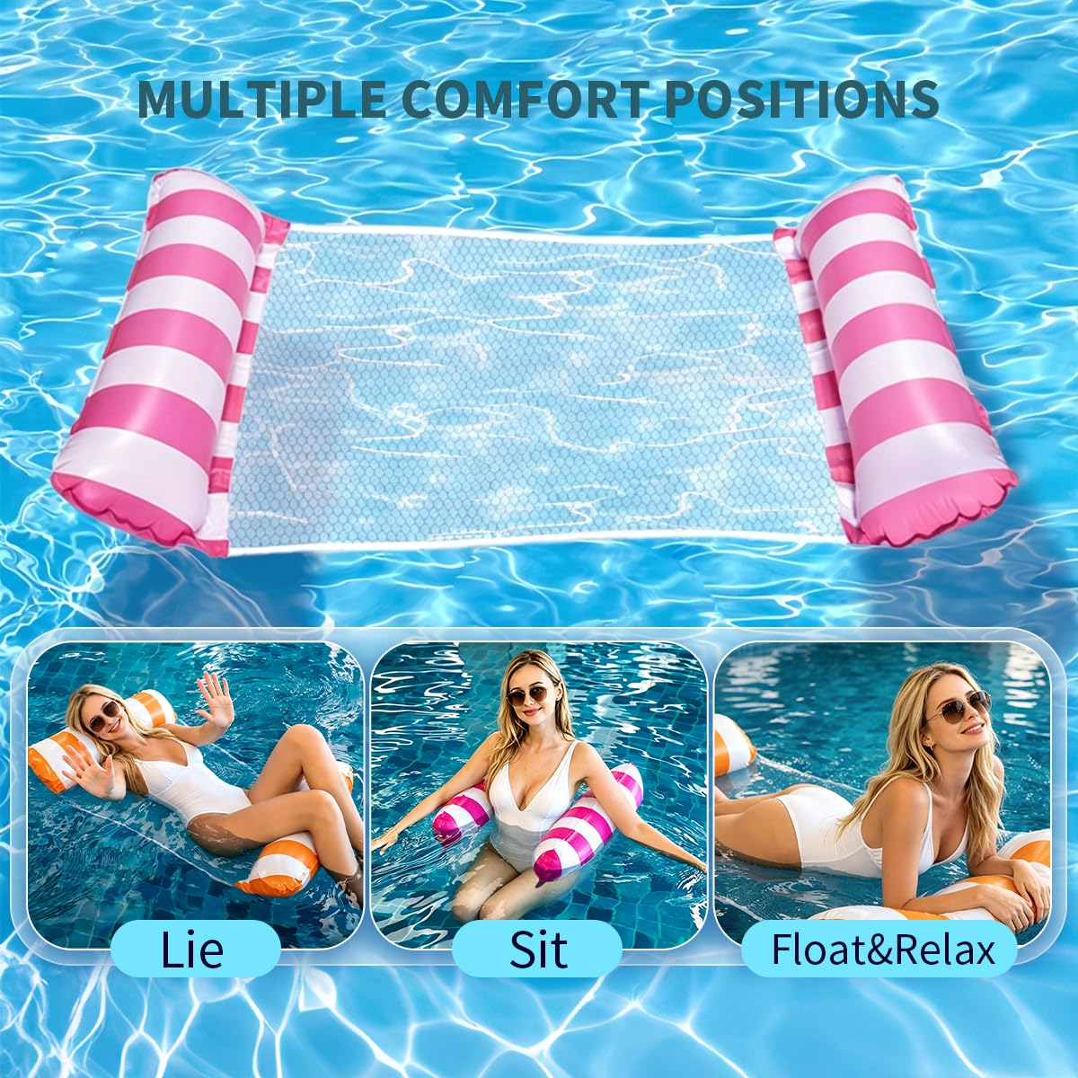Juego de 4 hamacas de agua para piscina, 4 en 1, colchón inflable de aire para piscina con red, tumbona de agua plegable para adultos y niños, accesorios de piscina para verano, lago playa, capacidad