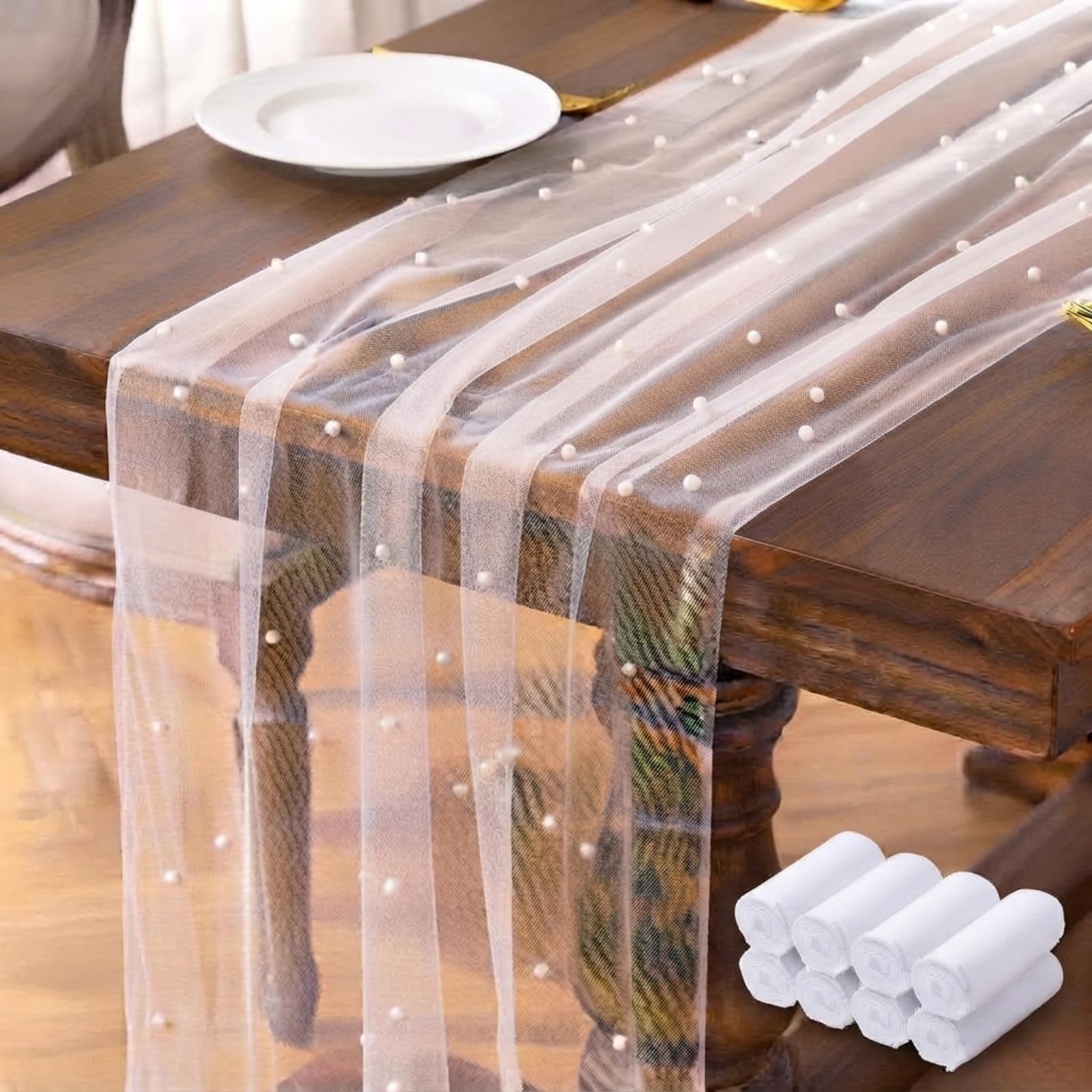 Photo 1 of   * DIRTY**Oudain 8 Pack 29.5 x 120 Inch 10 ft Pearl Table Runner Tulle Fabric Lace Boho Glitter Tablecloth Table Runners for Bridal Shower Birthday Wedding Party Decorations and Supplies(White)