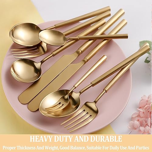Miniatura 6 de Juego de cubiertos dorados mate de 20 piezas, acero inoxidable 1810 para 4, cubiertos dorados gruesos y resistentes con mango redondo, juego de