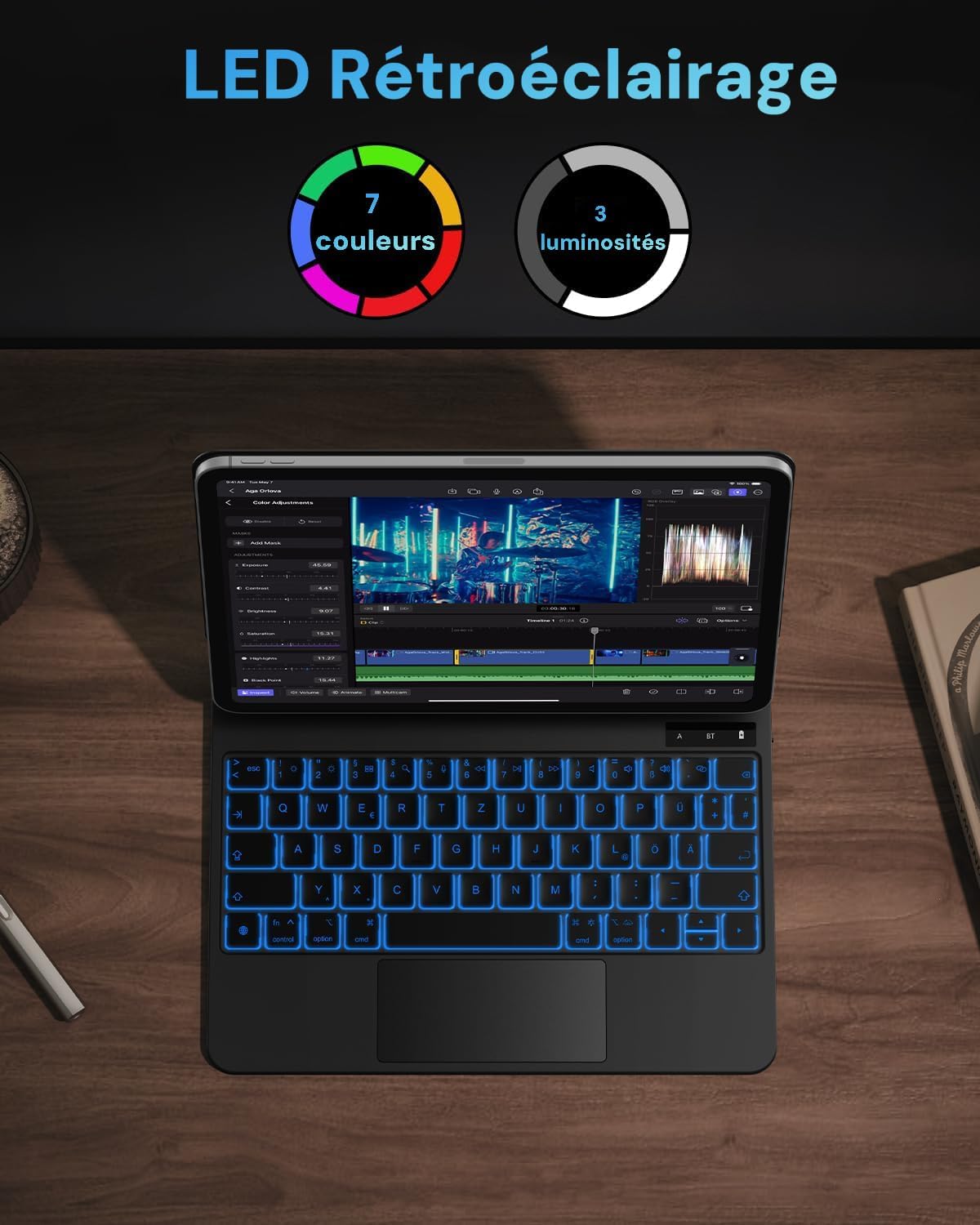 OMOTON Magic Keyboard with keys illuminated by blue backlight, showing the 7 color options and 3 brightness levels.