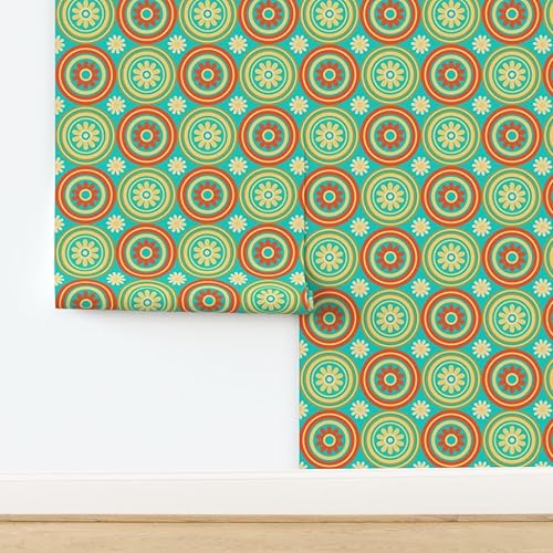 Miniatura 4 de Muestras de papel tapiz para despegar y pegar, círculos de azulejos florales retro de mediados de siglo, moderno, turquesa, naranja, amarillo,