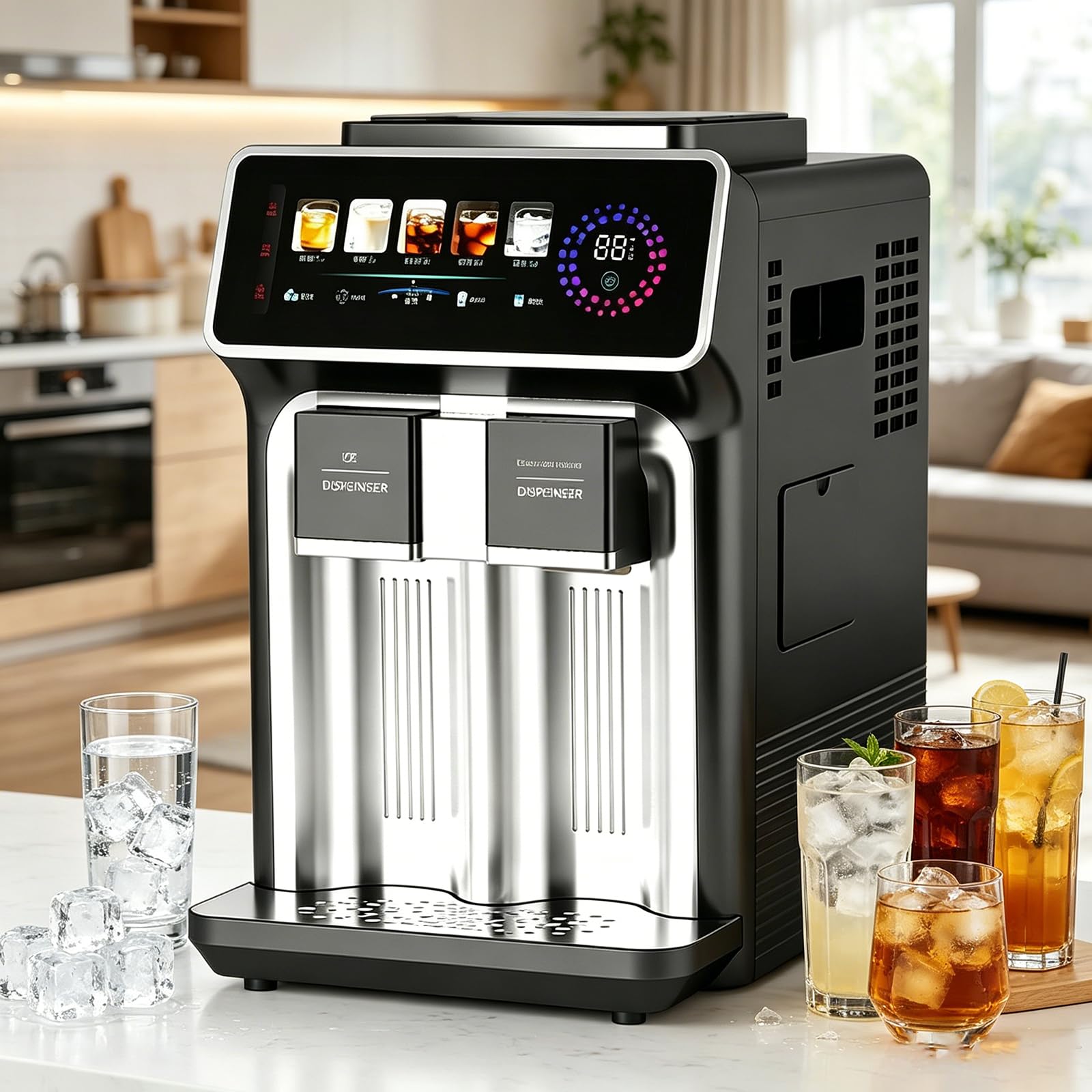 HEIHEIZI 3-in-1 Countertop Ice Maker: Makes 12 Cubes in 6 Mins, Slushies in 30 Secs, Ice Water in 3 Secs | Auto Water Intake + Connects to Purifier/External Tank | 5°C Ice Water | 24H Timer Black