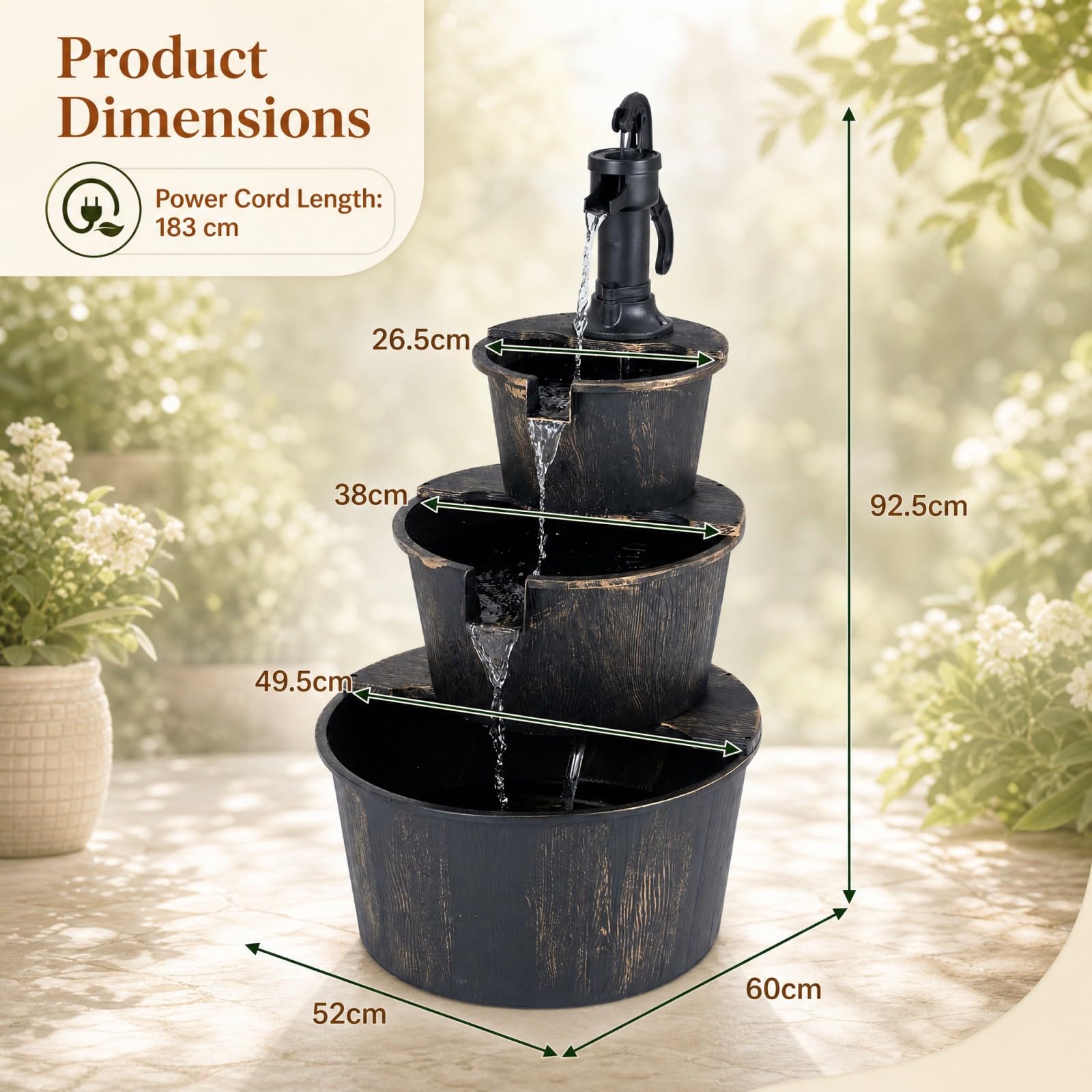 HOMASIS Fontana Decorativa da Giardino a 3 Livelli con Pompa Silenziosa | Fontanella a Cascata da Esterno in Stile Rustico con Velocità Regolabile per Balcone e Terrazza, Bronzo Antico, 52x60x92,5 cm