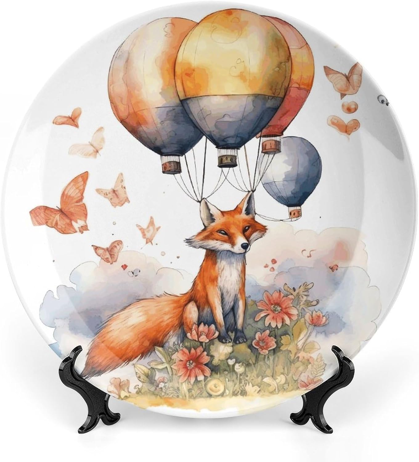 Fox And Hot Air Balloon Decorative Plates for Display Round Porcelain Plate Living Room Table Ceramic Hanging Decorative Plate Art Decor for Living Room Table with 1 Display Stand 10inch