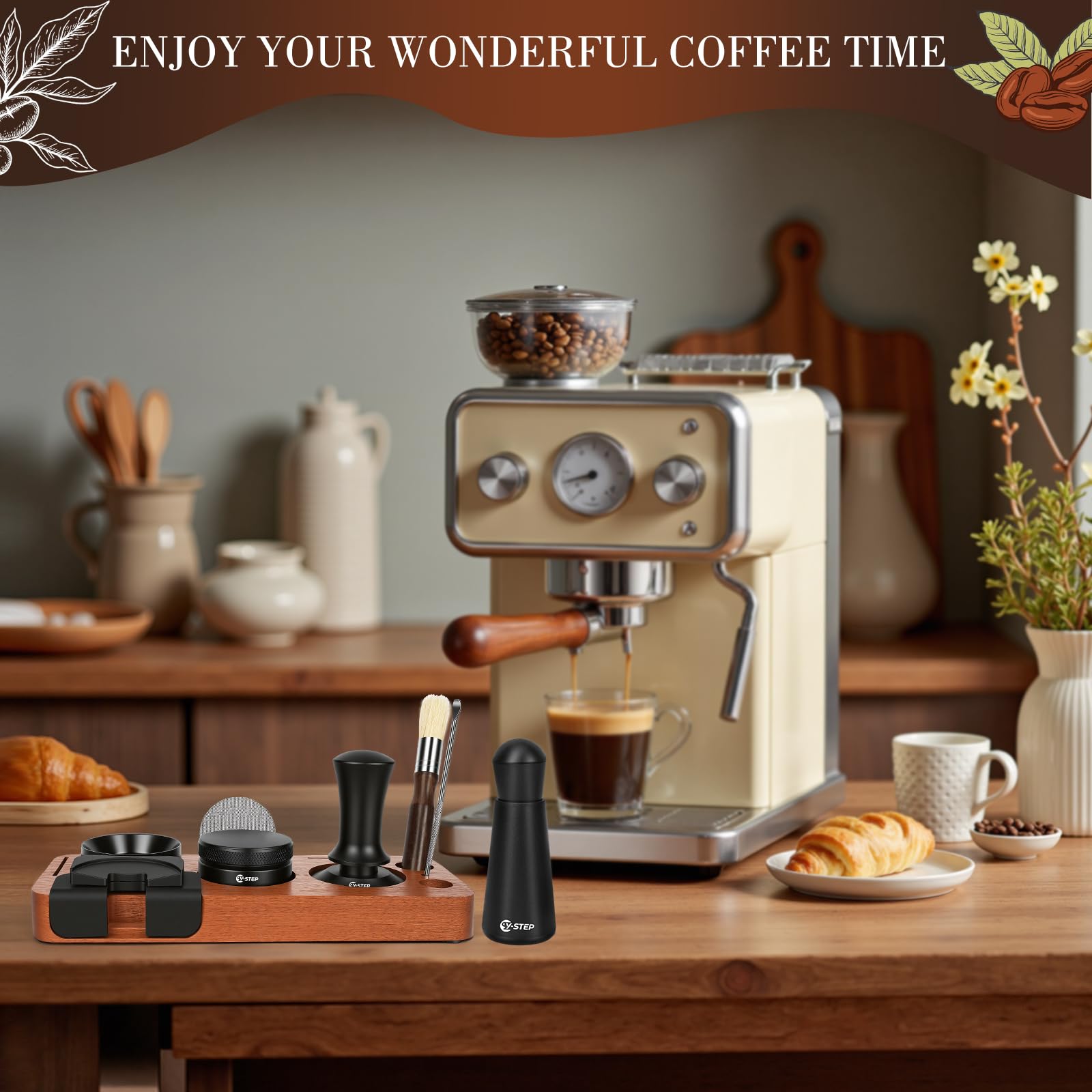 Y-Step Espresso Zubehör 8er Set, Kaffee Tamper 51mm mit Tamperstation, Coffee Leveler, WDT Tool, Dosierring, Reinigungsbürste, Puck Screen, Rührer, für Espressomaschine