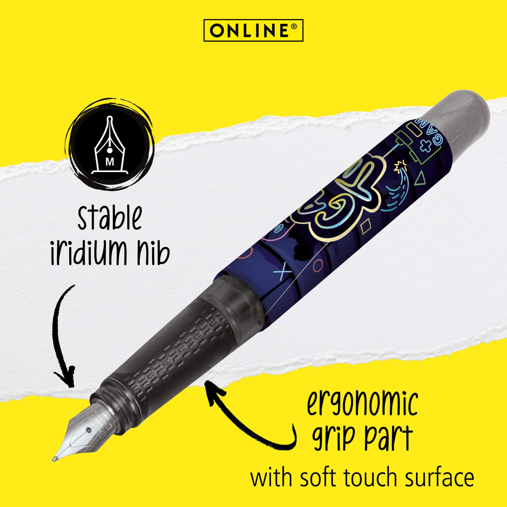Online College ink pen Game Time, ergonomic fountain pen for school/college, medium nib, soft grip part - Image 2