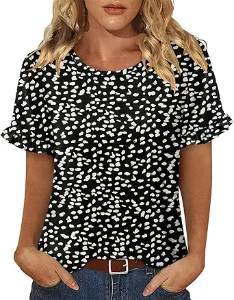 CRAZY GRID Women's Shirts Summer Casual Crewneck Ruffle Short Sleeve Blouses Cute Floral Print Tunic Tops
