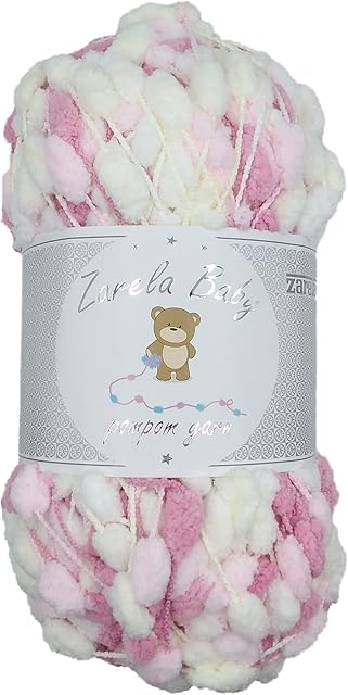 Zarela Baby Pom Pom Yarn Wool (25 White-Cream-Pink-Rose)