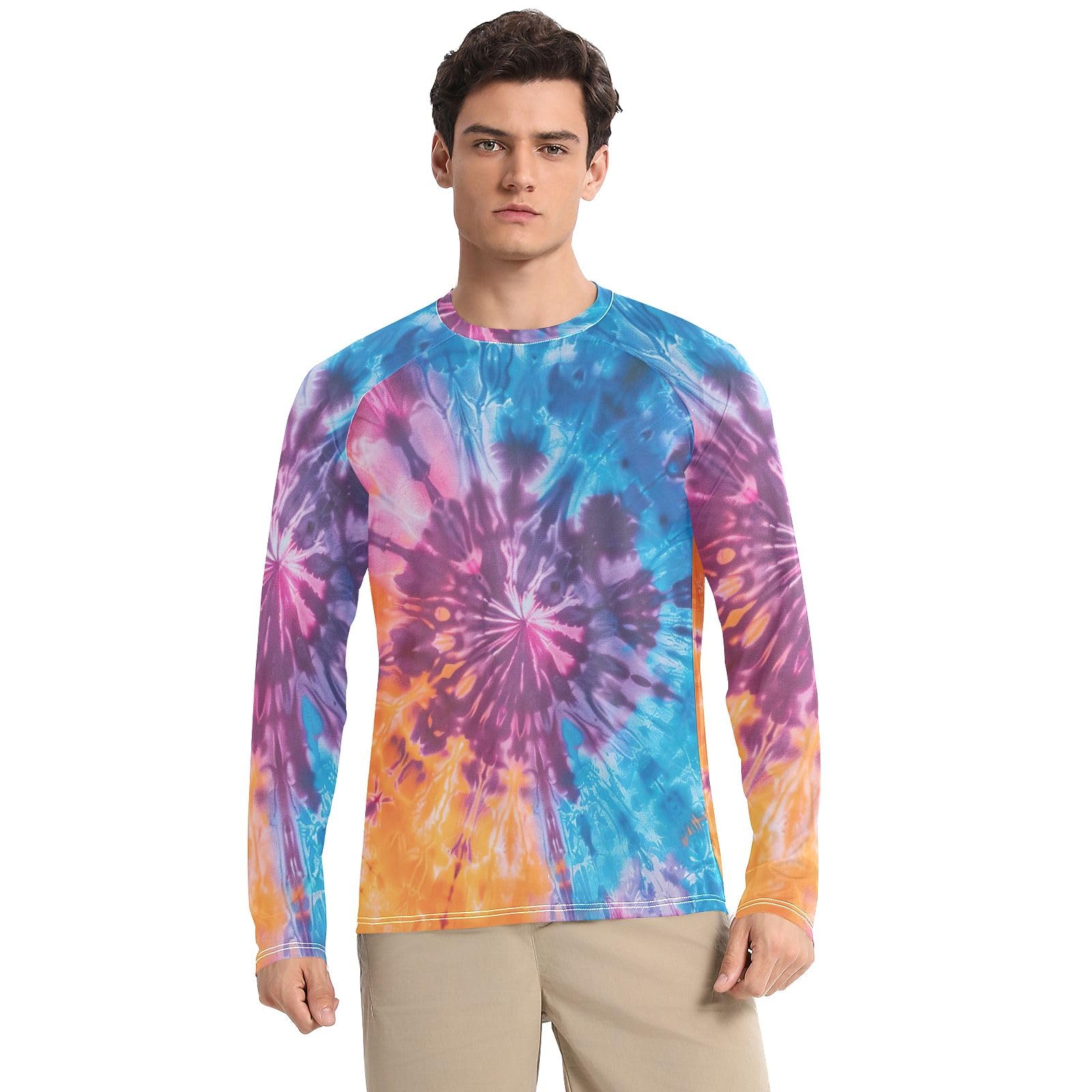 Mens UPF 50+ UV Sun Protection Rash Guard Men Quick Dry Mens Rash Guard Long Sleeve Athletic Workout Tshirts, Colorful Tie Dye, Medium