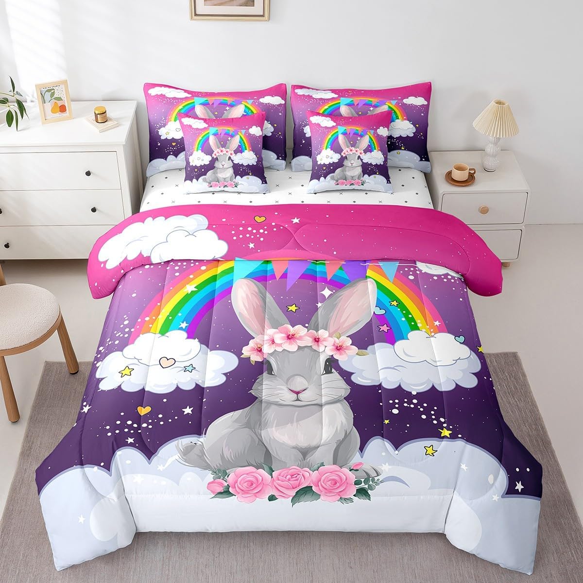 Erosebridal Galaxy Comforter Set for Kids,Kawaii Sloth Twin Bed in A Bag Girls Rainbow Striped Clouds Stars Bedding Sets,(1 Comforter,2 Pillowcases,1 Flat Sheet,1 Fitted Sheet,2 Throw Pillow Covers)