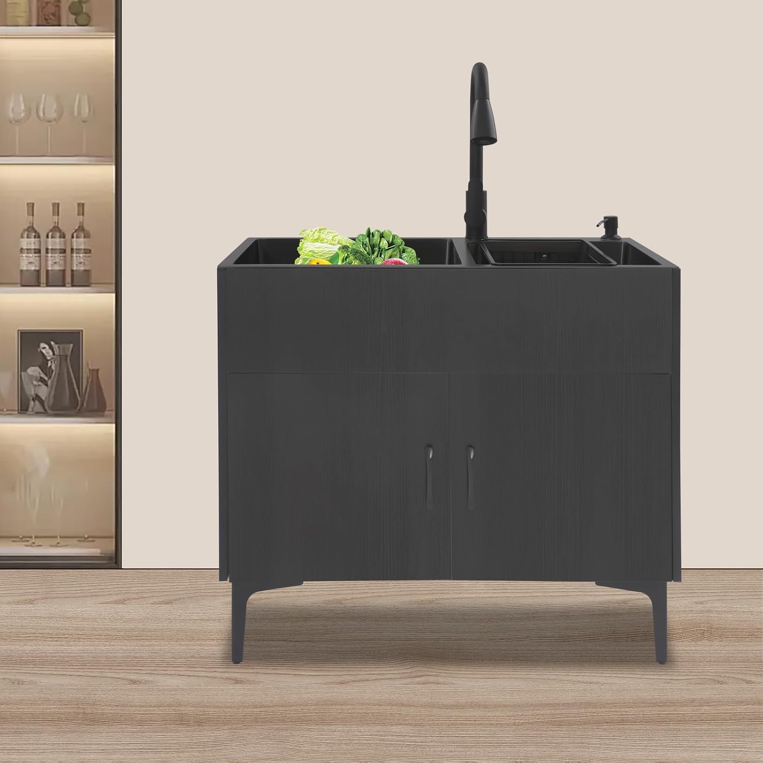 32-Inch Utility Sink Cabinet with Pull-Out Sprayer Fauce, Laundry Sink with Cabinets and Stainless Steel Double Sinks, Freestanding Cabinet with Sink for Laundry&Utility Room, Kitchen, Bathroom