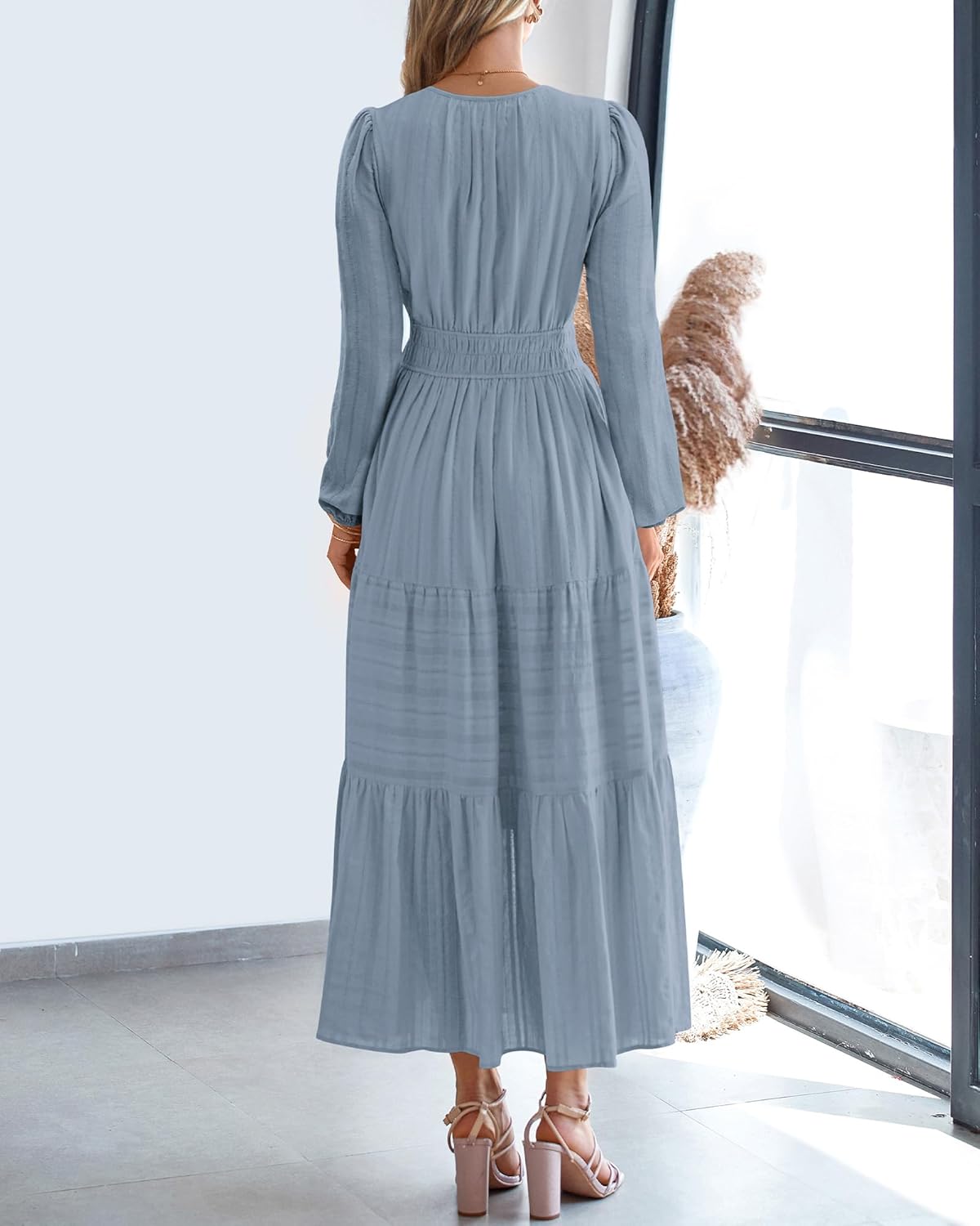 BTFBM Spring Dresses for Women 2026 Casual Long Sleeve V Neck Elastic Waist Lightweight Maxi Wedding Guest Dress Pockets - Image 3