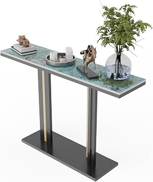 FATIVO Marble Console Table Sintered StoneLuxury Modern Hallway Tables 118x30x78cm Abstract Jade Green Textured Clear Marble Tabletop with Black and Gold Geometric Line Pedestal for Entry Sofa Decor