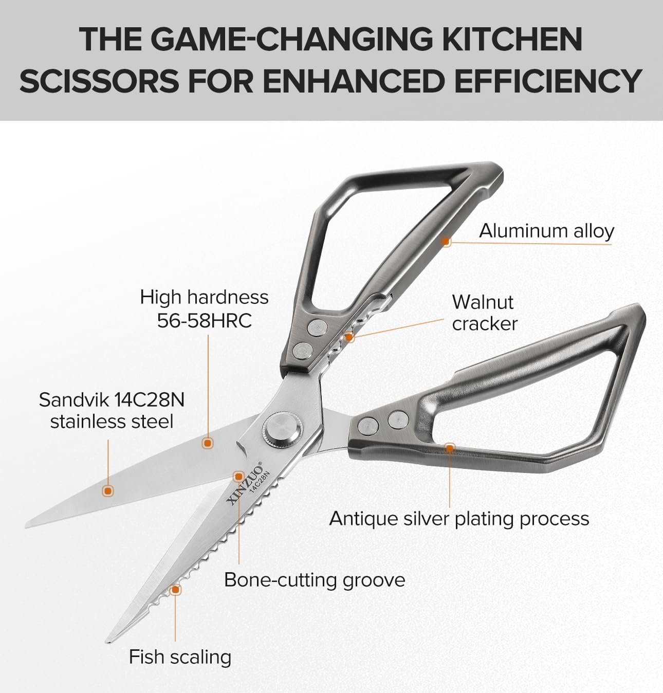 XINZUO Sandvik 14C28N Stainless Steel Multi-Purpose Kitchen Shear,Heavy Duty Kitchen Food Scissors For (Meat/Herbs/Poultry),With Silver Aluminum Alloy Handle