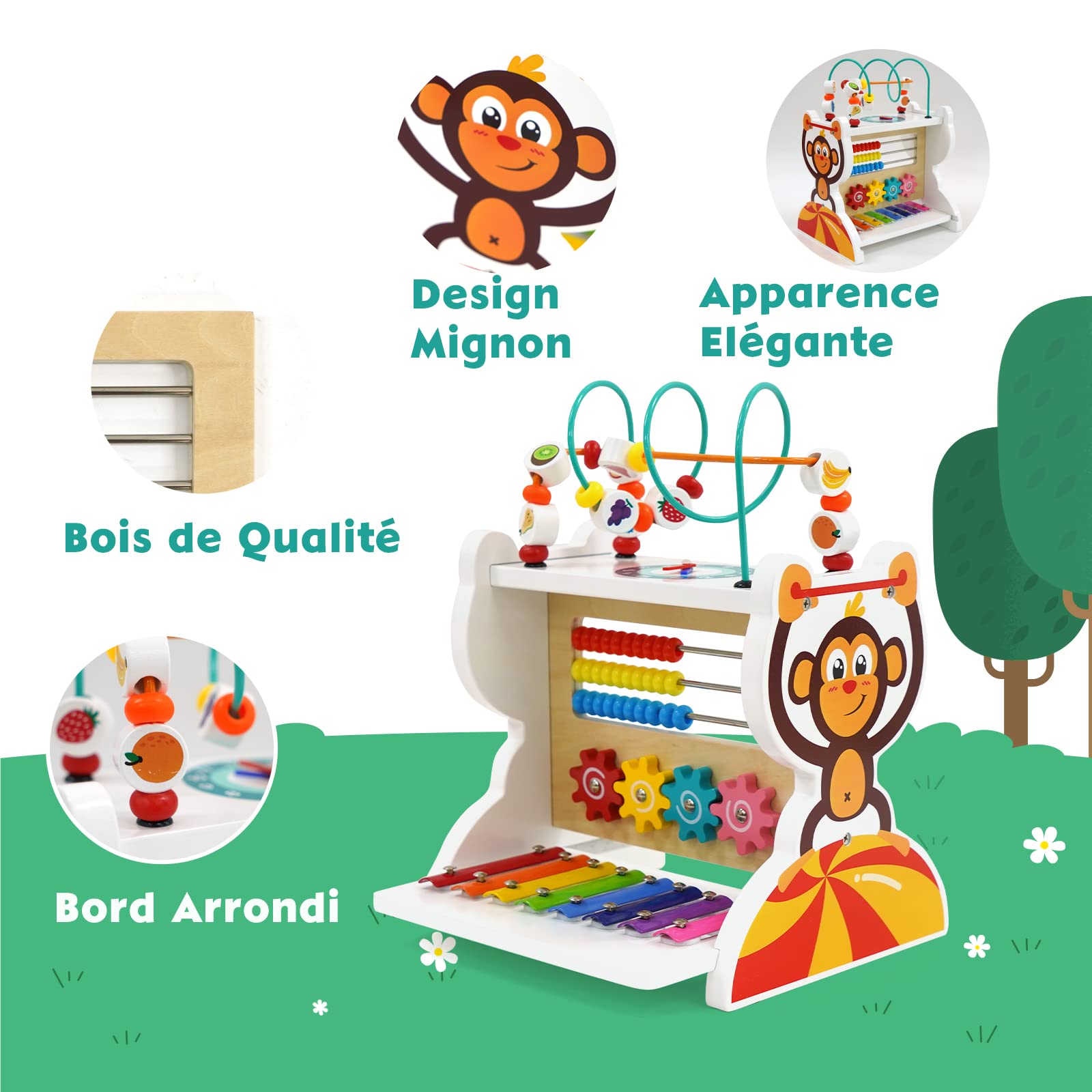 Jouet d'Activités en Bois Bébé 5 en 1: Xylophone Jouet Bébé, Boulier; Labyrinthe de Perles, Engrenanges, Horloge: Jouet Instrument de Musique pour Enfants de 1 2 3 4 5 Ans