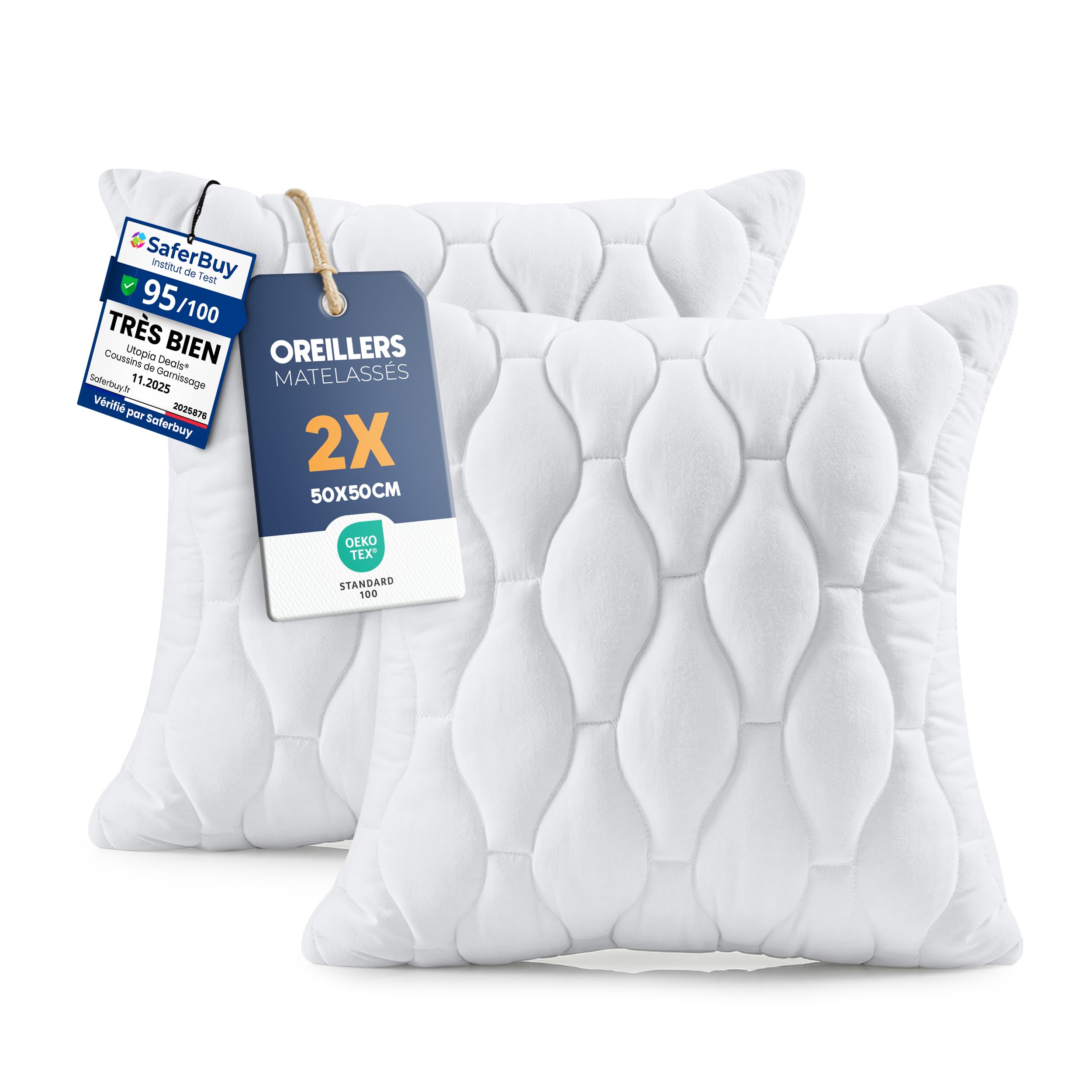 Oreillers matelassés contre l'affaissement lot de 2 coussins 50x50 cm pour lit