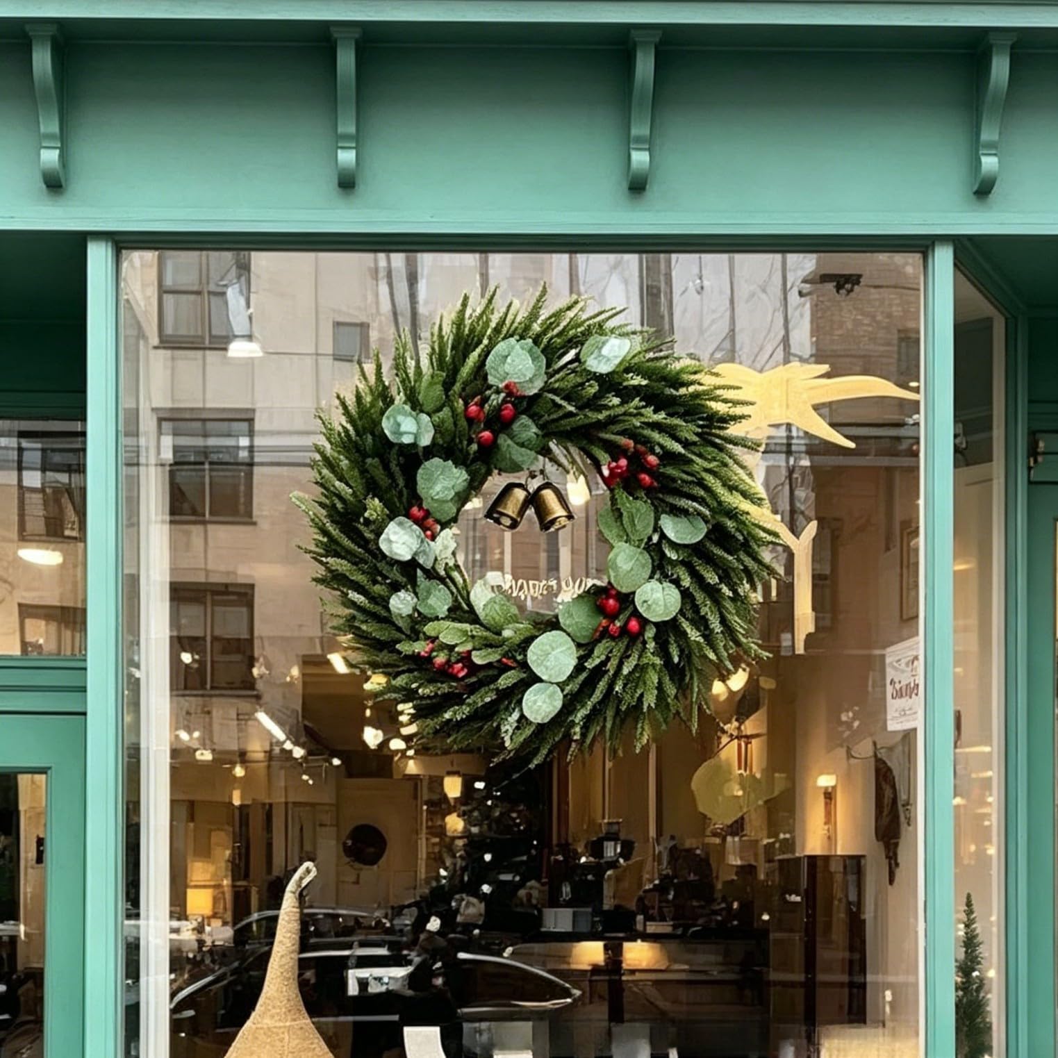 Weihnachtskranz 50cm Grün mit Glocken – Handgefertigter Türkranz Weihnachten für Haustür für deko – Robuster Kunststoff Tannenkranz Innen Außen(60cm/)