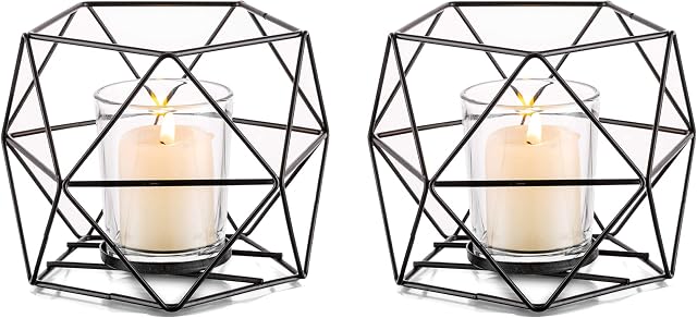 Nuptio Candle Holder Tealight Holders - 2 Pcs Black Candle Holders for Tea Light & Pillar Candles with Votive Glass Candleholders Geometric Table Decor for Wedding Party Centerpieces Birthday Gifts