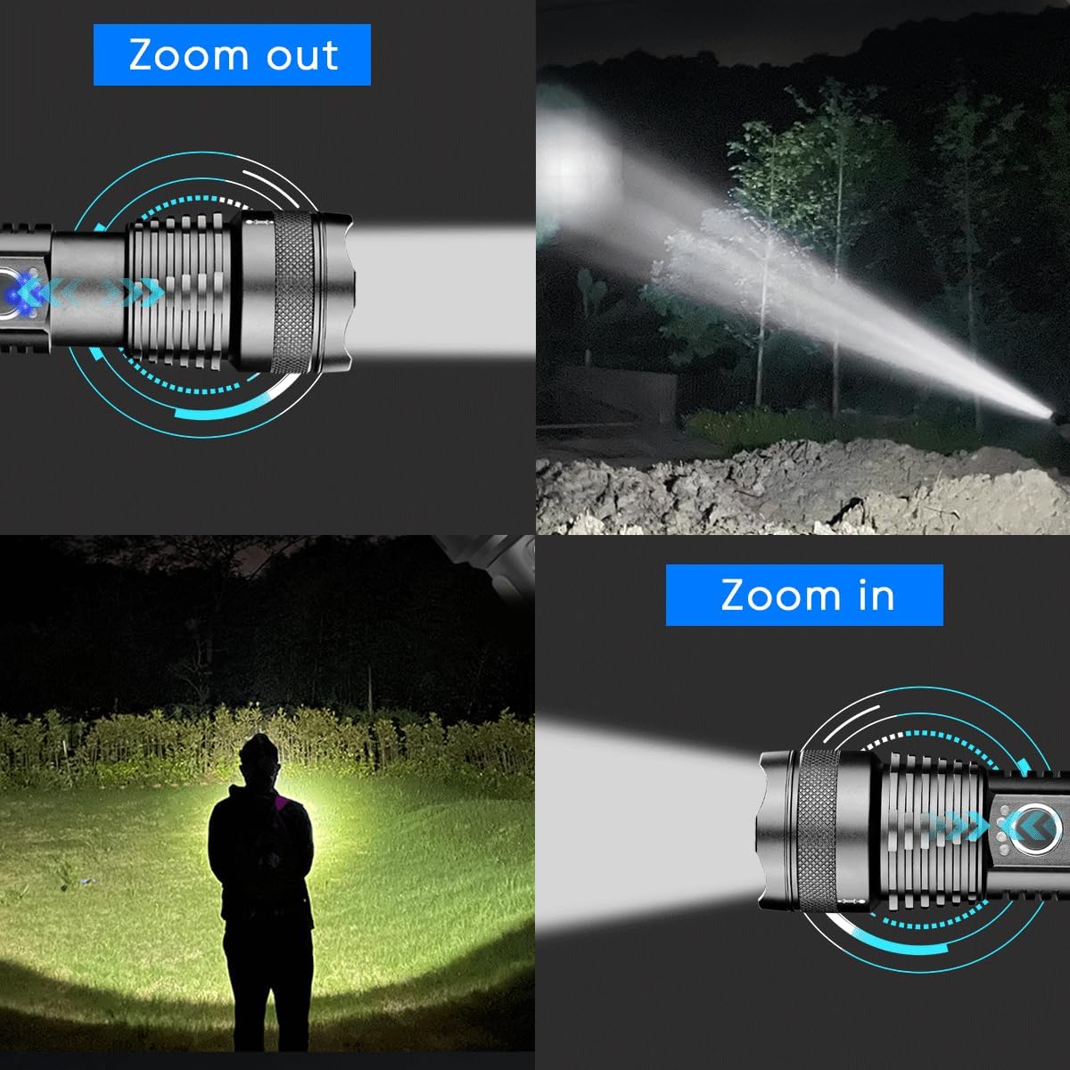 WholeFire XHP50 LED Flashlight demonstrating zoom in and zoom out functions