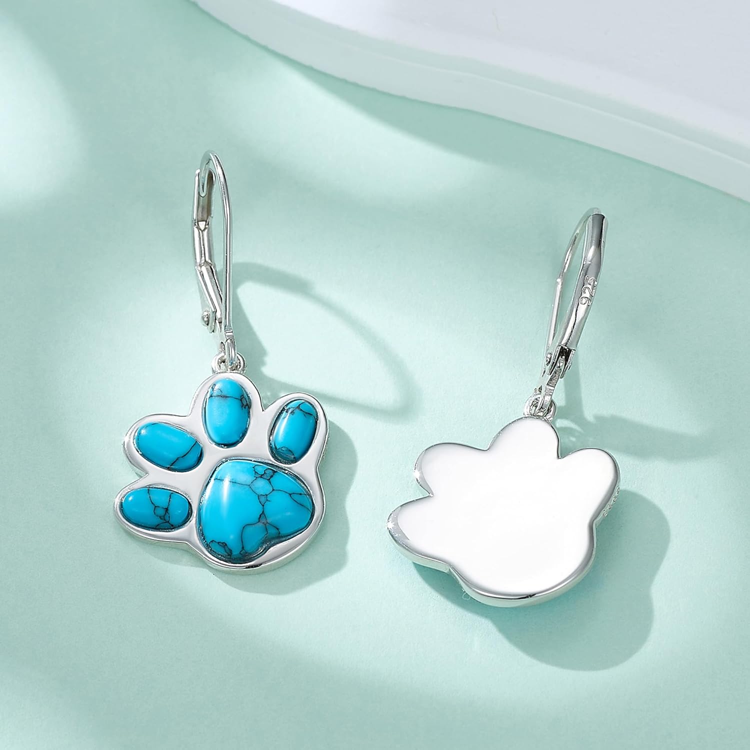 VONALA Paw Print Earrings with Turquoise/Black Onyx/Moonstone/White Opal/Cat Eye Stone/Lapis Lazuli for Women 925 Sterling Silver Dog Earrings Animal Jewelry - Image 5