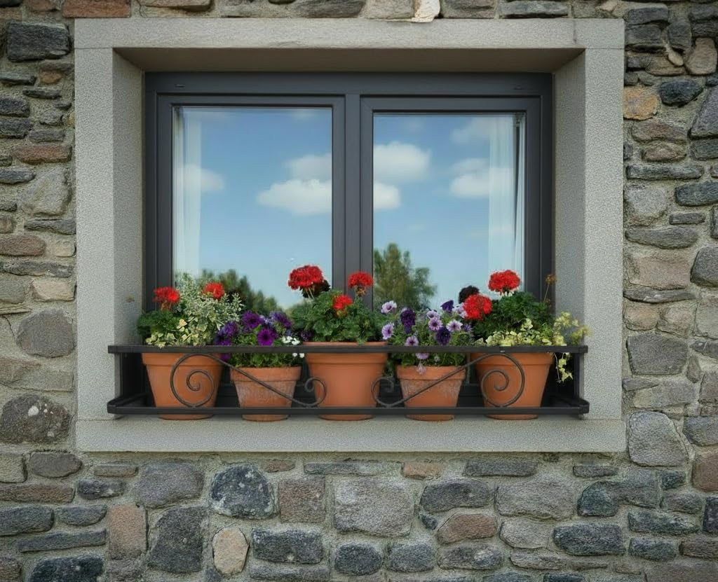 Balconcillo para Macetas y Plantas Extensible 100-140 cm, Portamacetas Ventana Decorativo, Protector de macetas Exterior, Modelo Volutas, Acero Inoxidable, Negro Forja