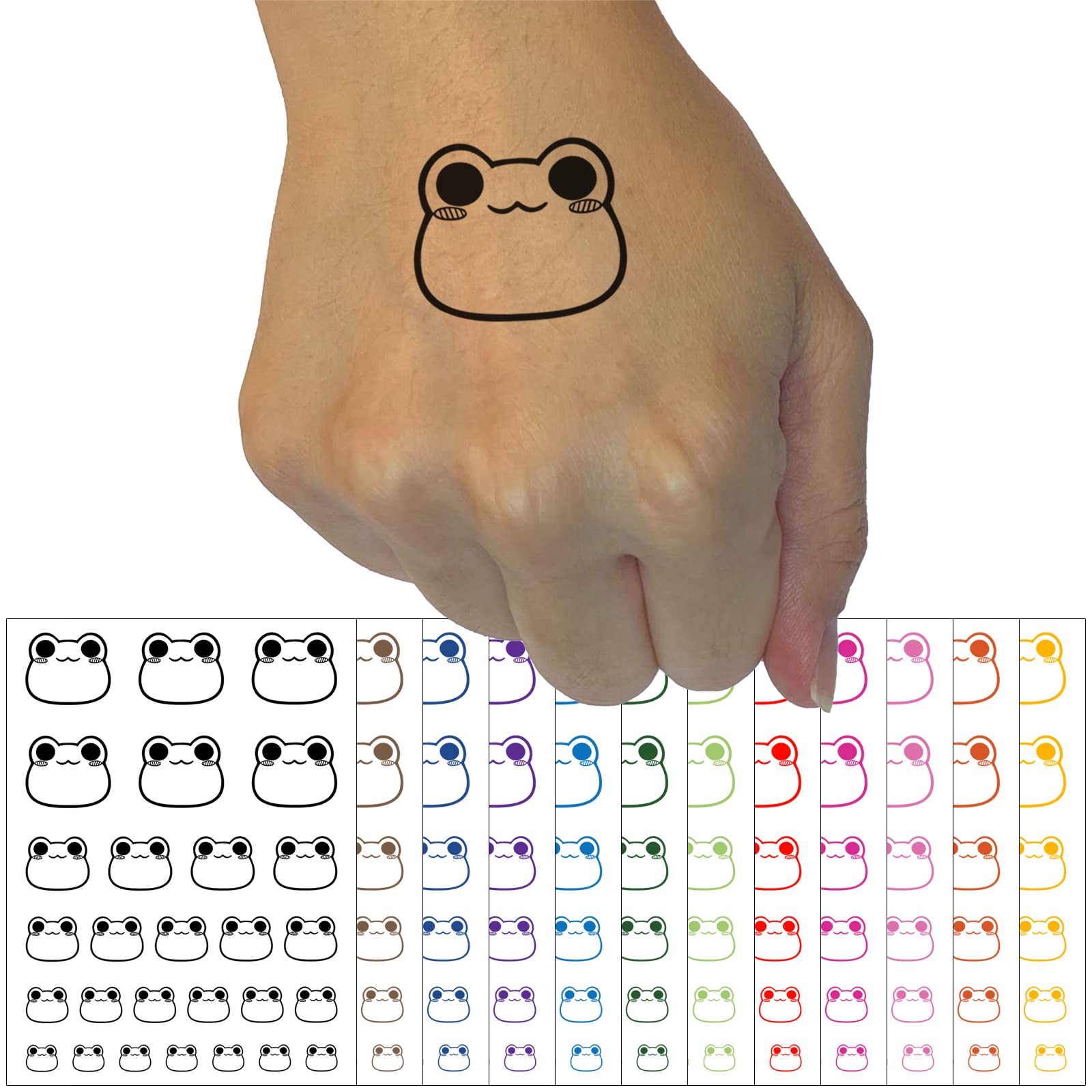 Charming Kawaii Chibi Smug Frog Toad Face Blushing Cheeks Temporary Tattoo Water Resistant Fake Body Art Set Collection - Dark Green (One Sheet)