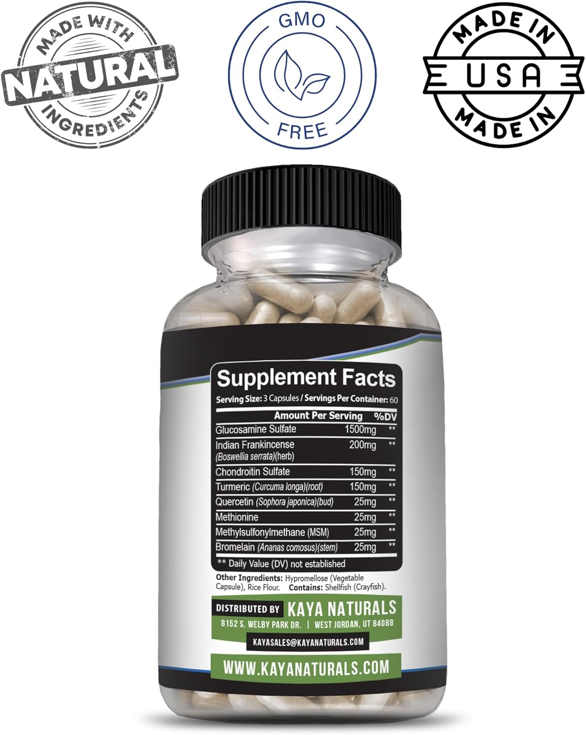 Kaya Naturals Flex Aid - Mobility Support Supplement for Men and Women - Turmeric Capsules with Glucosamine Sulfate, Boswellia Serrata and MSM - for Knee Support and Mobility Health - 180 Count