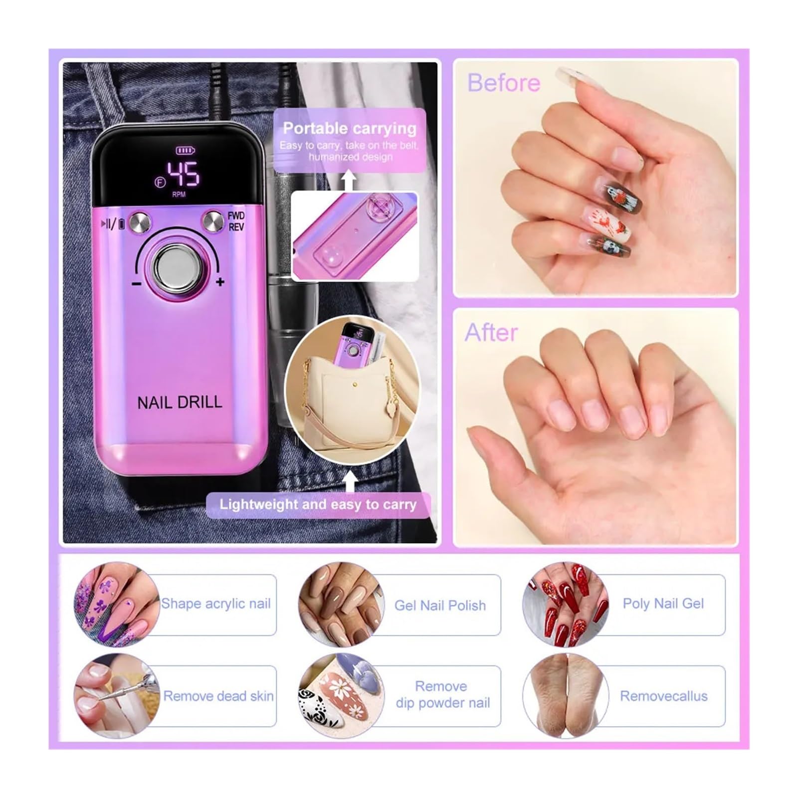 Kit Trapano per Unghie Senza Fili da 45000 Giri/min - 6 Punte Professionali e Nastri abrasivi, Ricaricabile Tramite USB con Display a LED, levigatrice per Manicure Portatile per Salone e casa (DMJ)