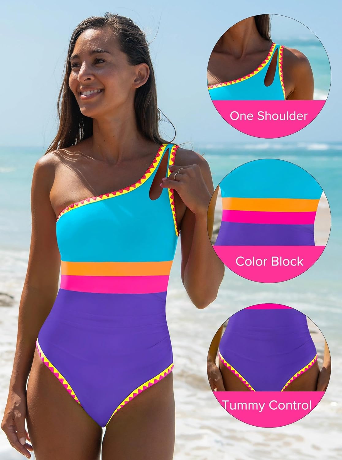 popvil One Shoulder One Piece Swimsuit for Women Neon Color Block Bathing Suits Modest Full Coverage Swimwear