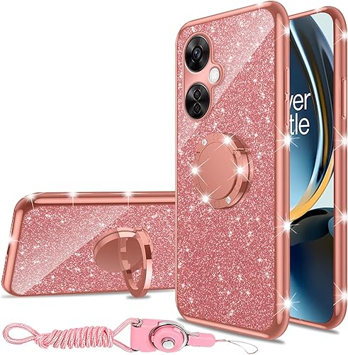 Miniatura 8 de nancheng Funda de teléfono para OnePlus Nord N30 5G para niñas y mujeres, con purpurina, bonita funda de TPU suave con anillo de atril, correa para
