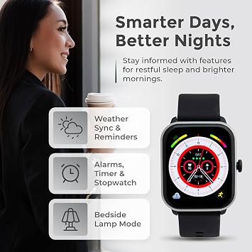 iWatch Silver Smart Watch, 1.85 Touch Screen Fitness Tracker, Men & Women | Black rubber band. AMOLED, Bluetooth calling, heart rate, sleep & step tracking, 3ATM water resistant, iOS & Android