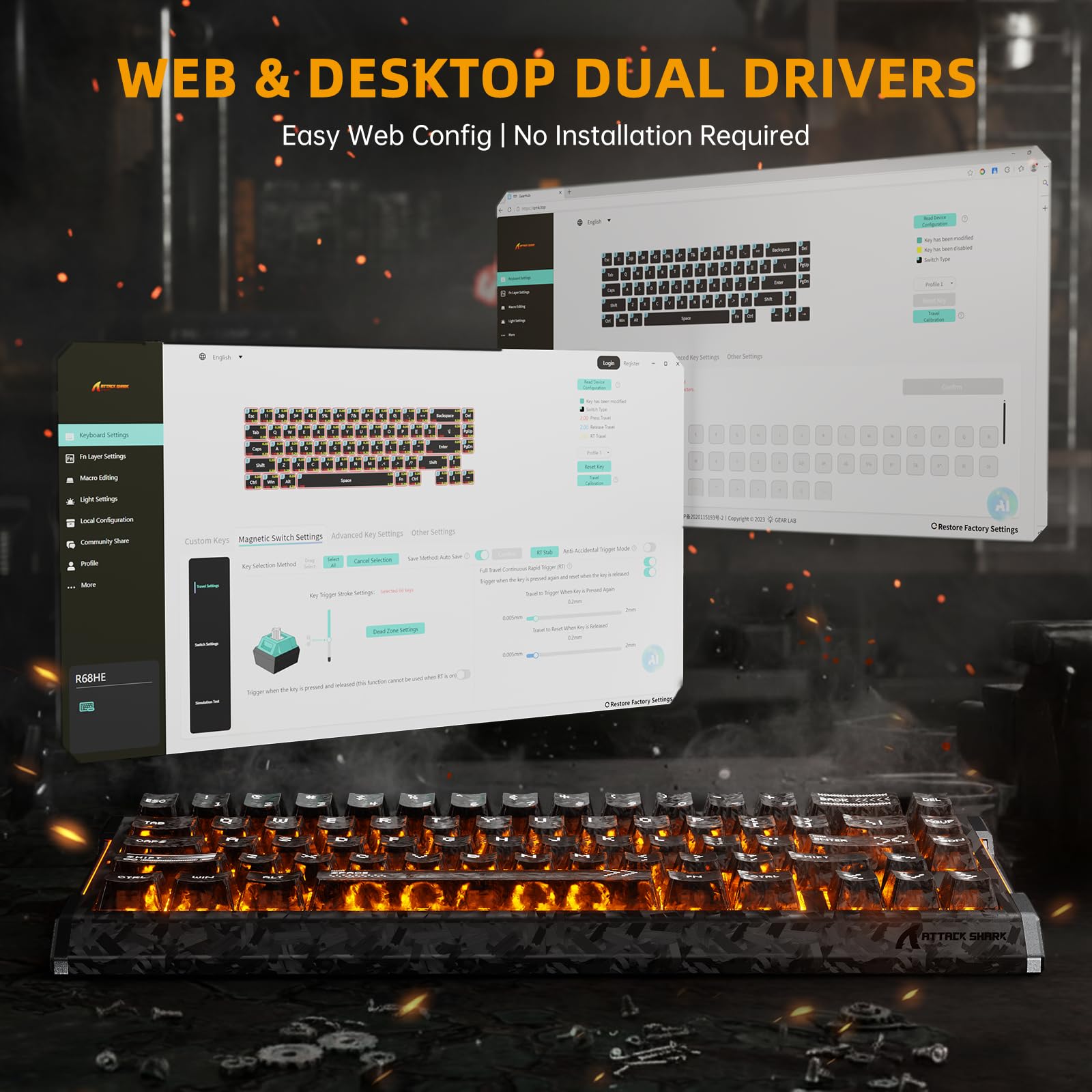 ATTACK SHARK R68 HE Tastiera Gaming Magnetica 8000Hz, Rapid Trigger 0,005 mm, Fibra di Carbonio Forgiata e Alluminio CNC, Snap Tap, Effetto Hall, 60% RGB Cablata, US QWERTY, PC/WIN, Nero Carbone