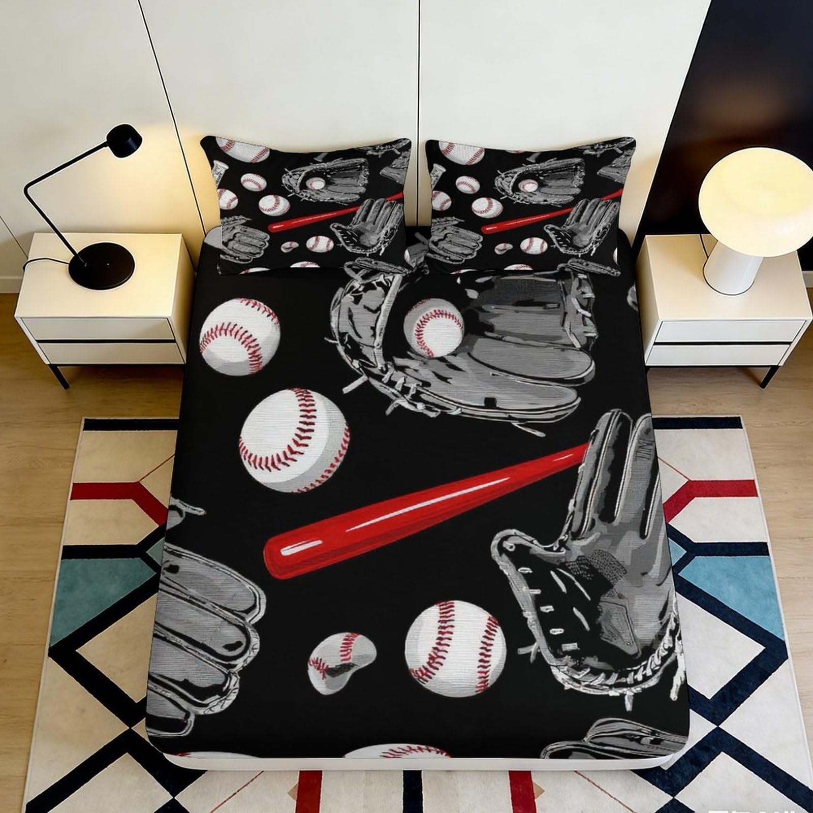 3D Printed Baseball Bat Fitted Sheet Microfiber Soft Black Glove Bed Cover for Bedroom Dorm Mattress Protection 90x200x25cm