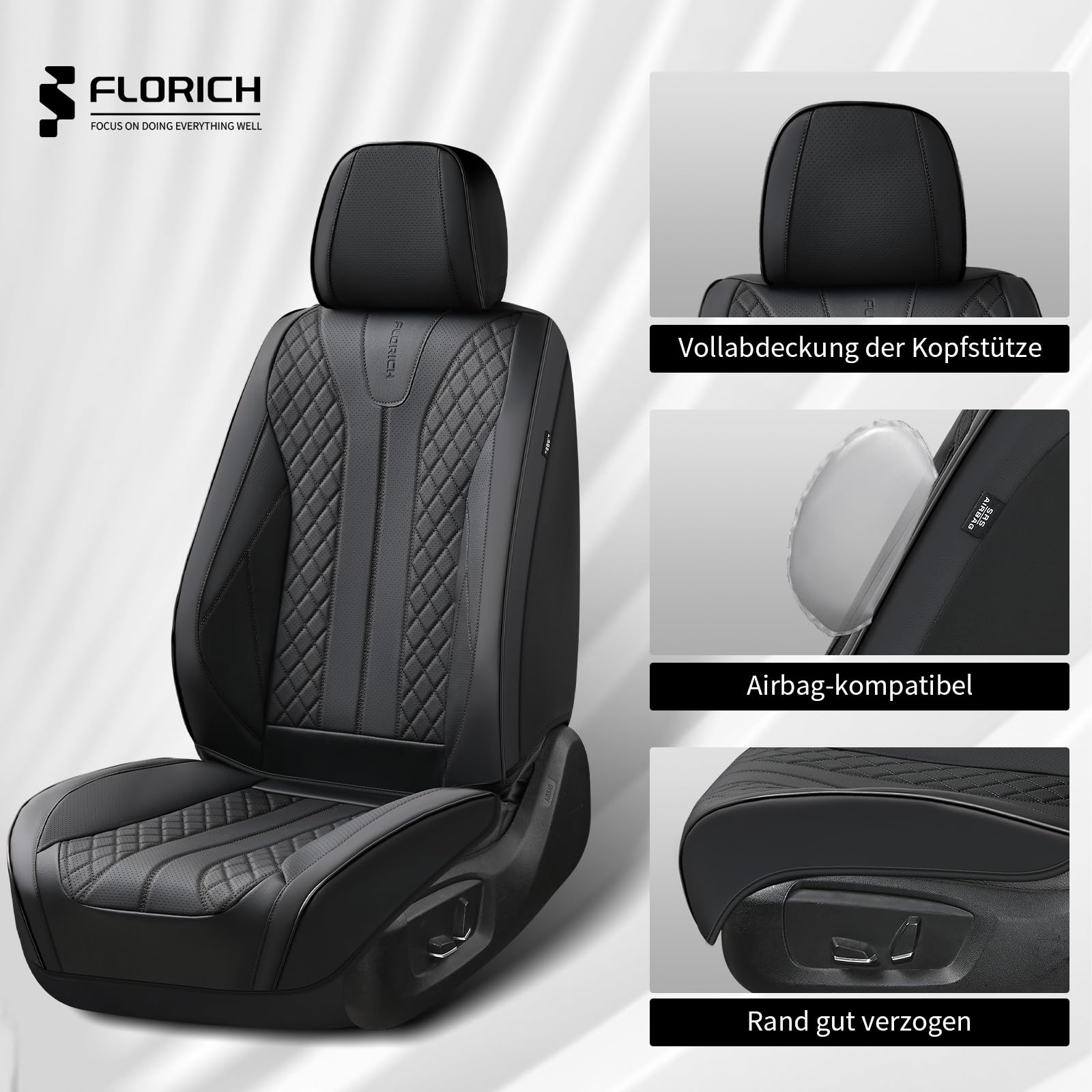 FLORICH Fundas Universales para Asientos de Coche para los Asientos Delanteros y Traseros, Fundas de Cuero Impermeables, Aptas para la Mayoría de Turismos, SUV (Juego Completo, Negro)