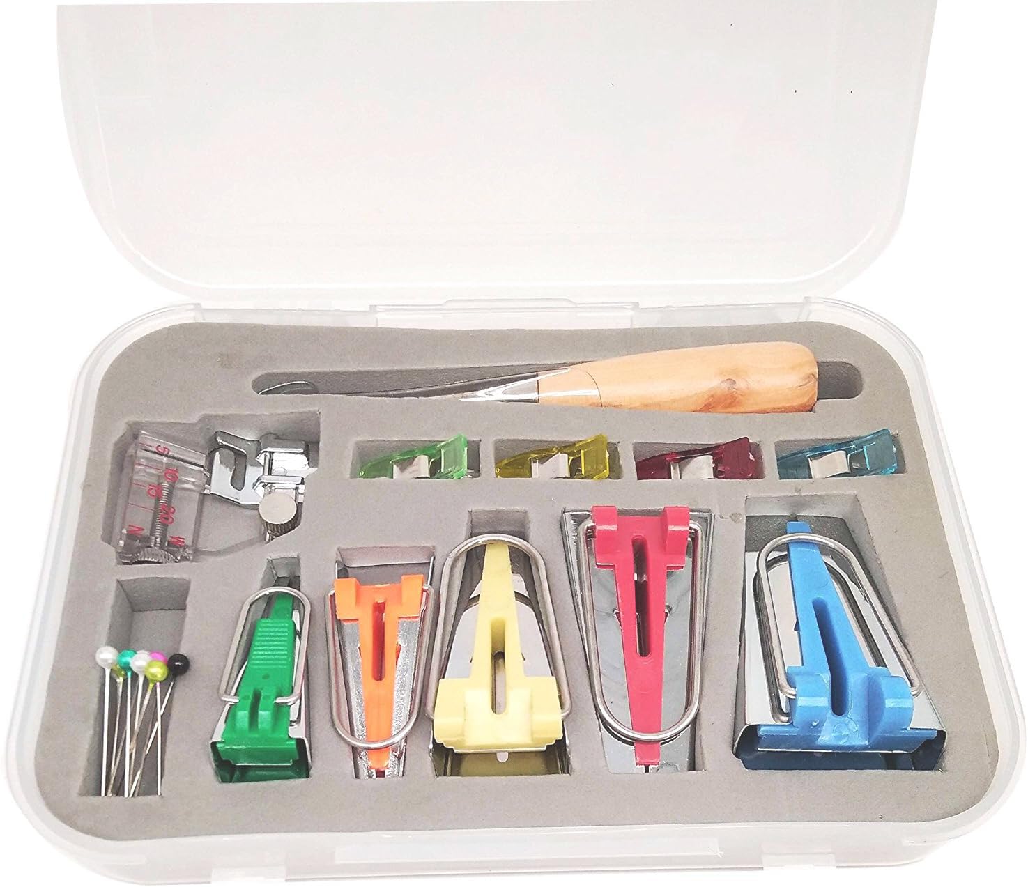 YICBOR Bias Tape Maker Kits 6mm 9mm 12mm 18mm 25mm Fabric Bias Binding Maker with Binder Foot Bradawl Quilting Clips Sewing Pins Kit