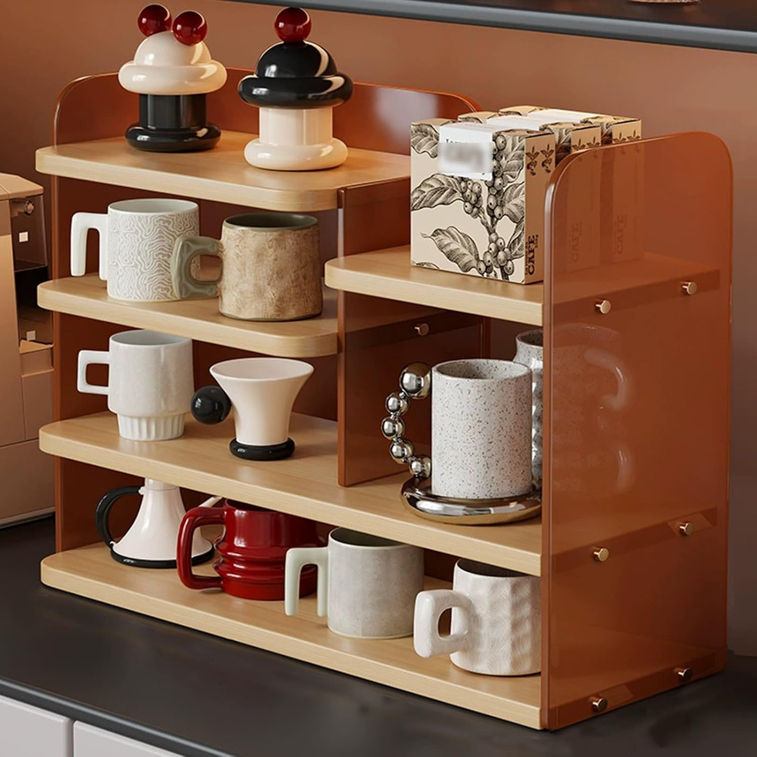 Coffee Mug Holder Cup Station Organizer, Elegant and Refined, High-Definition High-Transparency, Multifunctional Coffee Pod Organizer for Coffee Bar Decor,Walnut