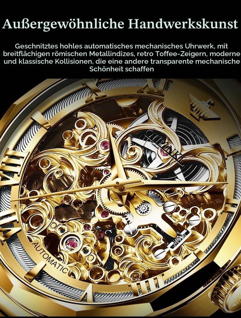 OUPINKE Herren-Skelett-Uhren mechanisch luxuriös automatisch mit Selbstaufzug Saphirglas wasserdicht Wolfram-Stahlband