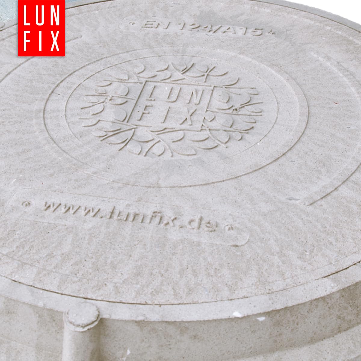 Tapa de arqueta redonda DN 600 mm gris claro clase A15 1,5t, Lun Fix | Polímero-sand resistente, tornillos antimanipulación, cubierta de registro para pozo de drenaje
