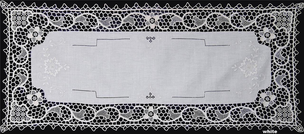 Creative Linens Handmade Reticella Lace Needle Lace Table Runner 14x41 White, Hand Embroidery