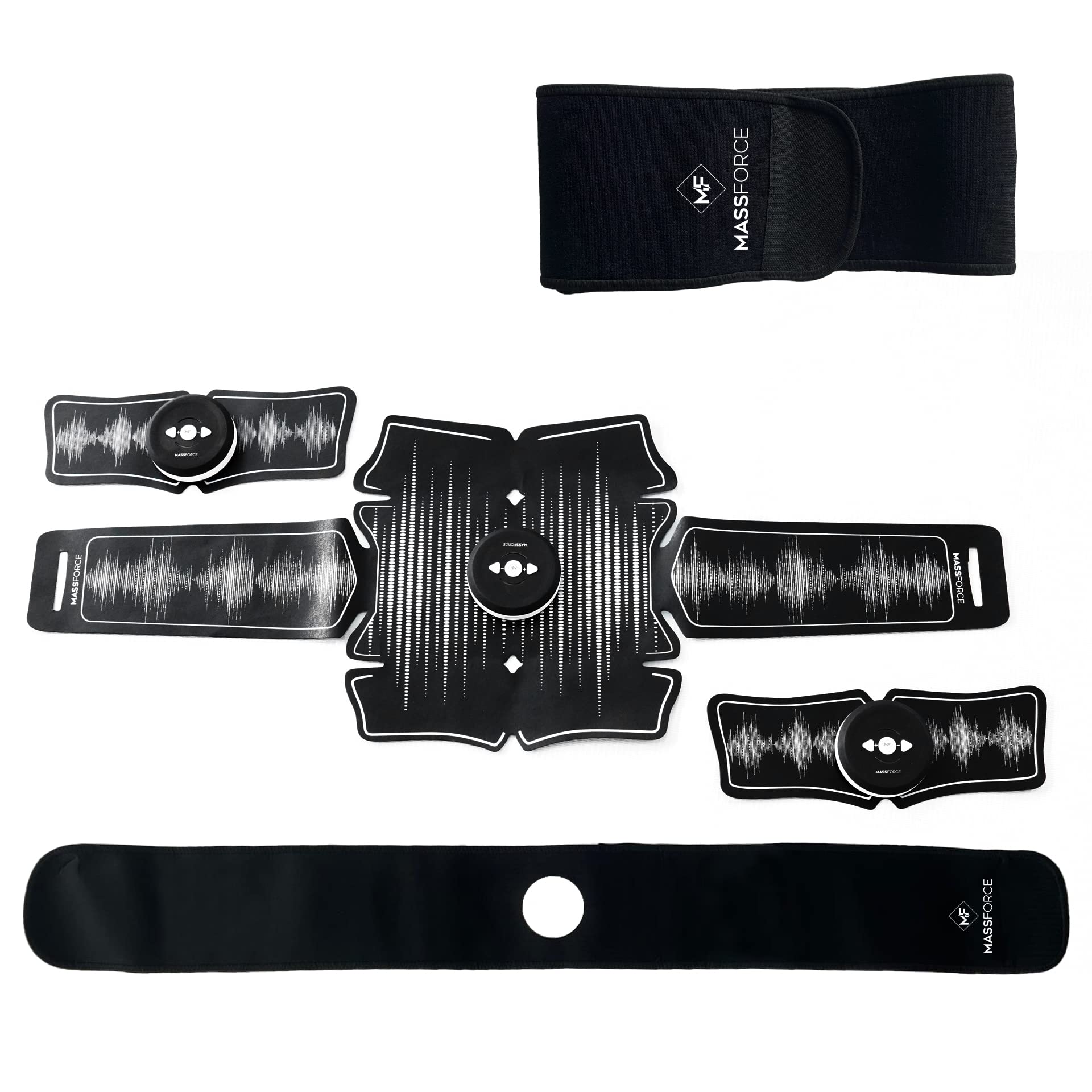 Massforce Massfit Intensity - Ceinture abdominale Electrostimulation EMS Musculation - 2 patchs bras - Ceinture sudation supplémentaire - Rechargement USB - 10 niveaux intensité - 14 patch gels