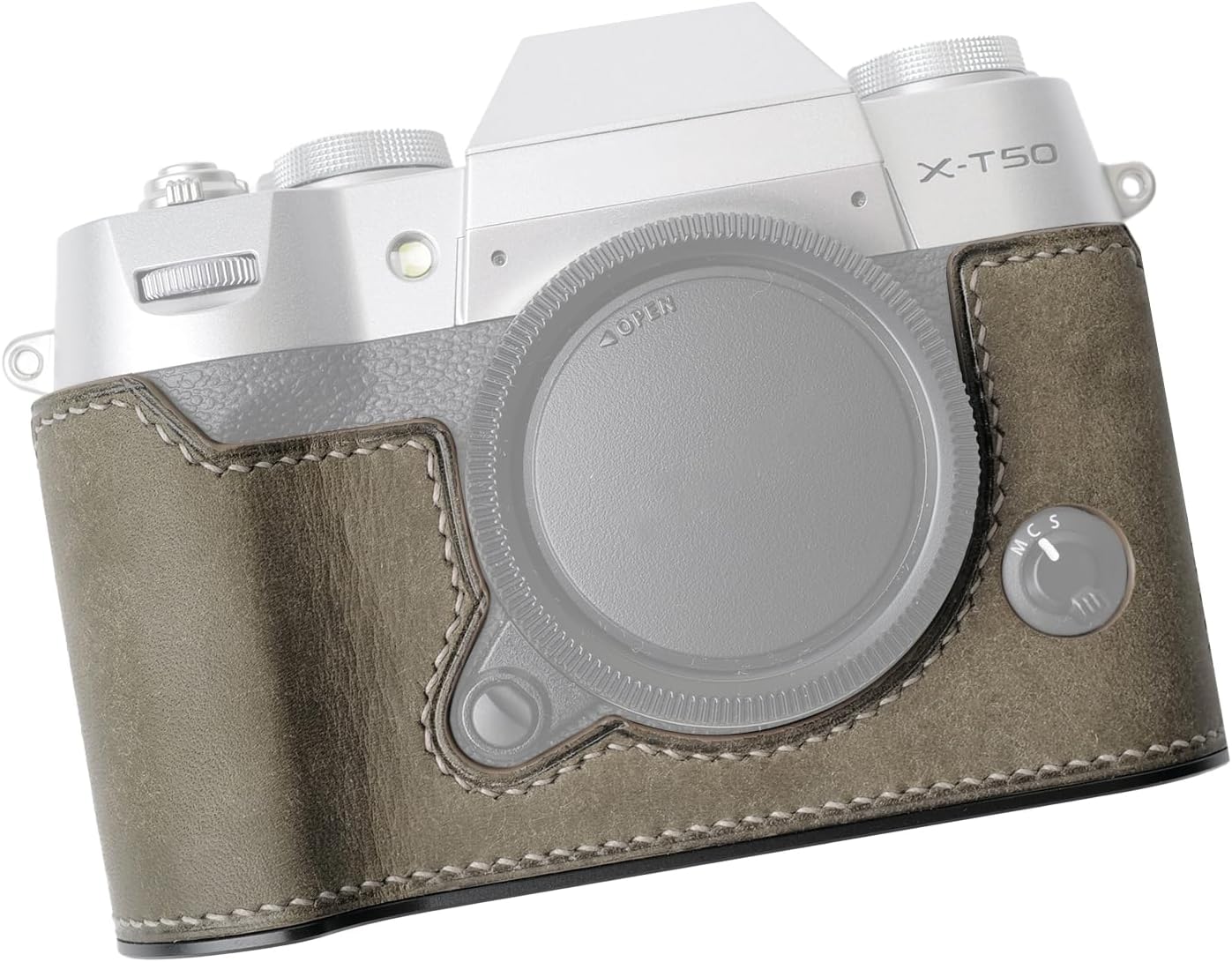 Camera Genuine Leather Half Case ，Compatible with FUJIFILM Fuji X-T50 XT50 ， Made by Hand - Top Layer Cowhide Body + Metal Base Plate 2-in-1 Design (Retro Grey)