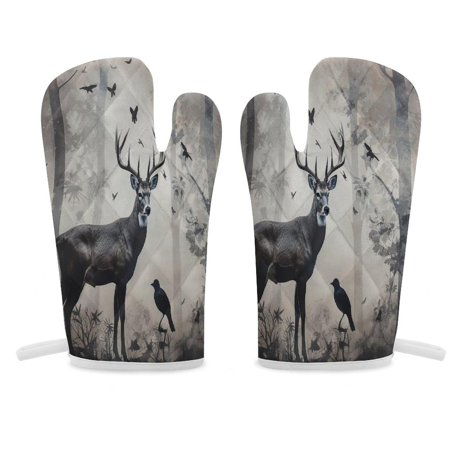 Hunting Silhouette of Deer Oven Mitt Heat Resistant Potholder Set,Durable Oven Gloves for Gifts,Glove Pot Holder for Cooking Baking Grilling BBQ