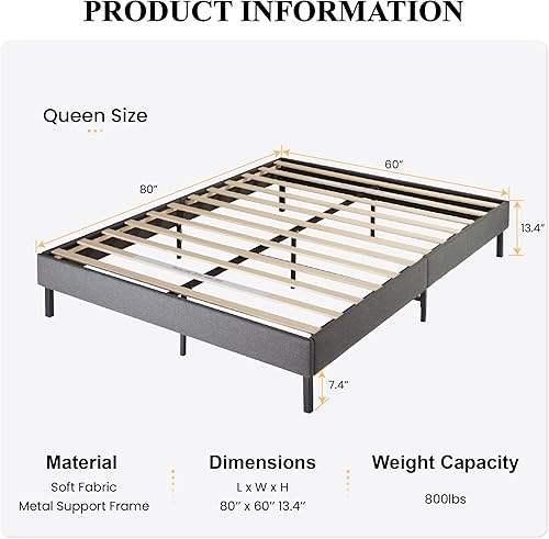 Miniatura 2 de SHA CERLIN Marco de cama tamaño Queen marco de cama tapizado no necesita somier cama de plataforma de perfil bajo con listones de lana fácil montaje