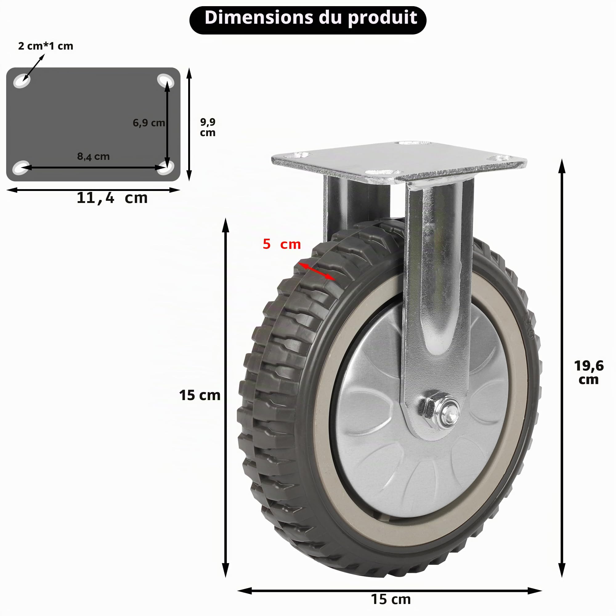 uyoyous - Lot de 4 roulettes pivotantes pour charges lourdes - 200 mm - Avec frein rotatif à 360 ° - En caoutchouc plein - Pneumatiques - Charge 1000 kg - (2 roulettes fixes + 2 roulettes de freinage)