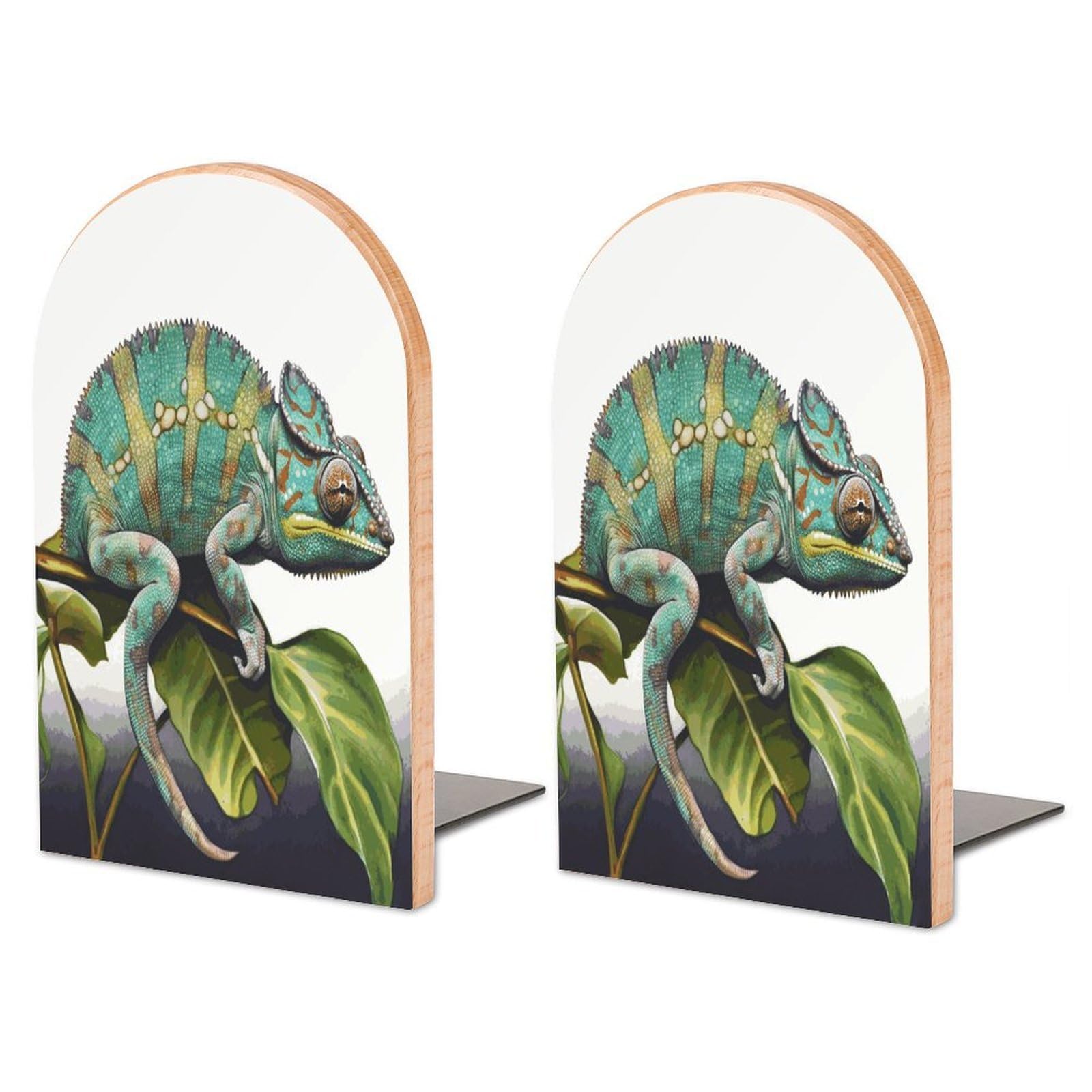 Heavy Duty Chameleon Book End Wooden Bookends with Metal Base Non-Skid Book Stopper for Shelves Books Organizer for Home Office Supplies 6.7 X 4.7 X 3.9”