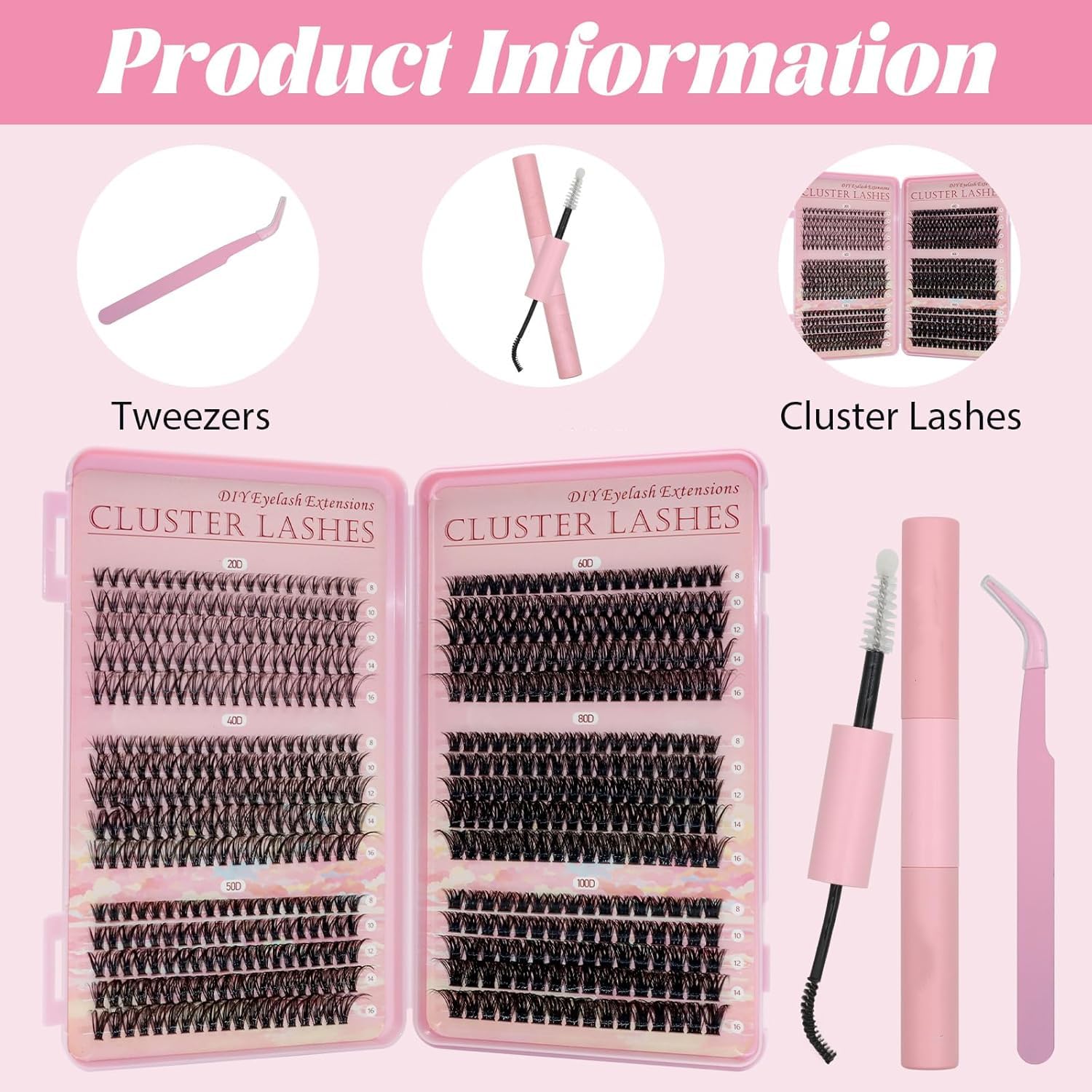 VEGCOO 590 Pezzi Ciglia Finte Ciuffetti, 20-40-50-60-80-100D Lash Cluster, Kit Ciglia Extension D Curl 8-16mm, DIY Eyelash Extension per Ragazze e Donne Principianti